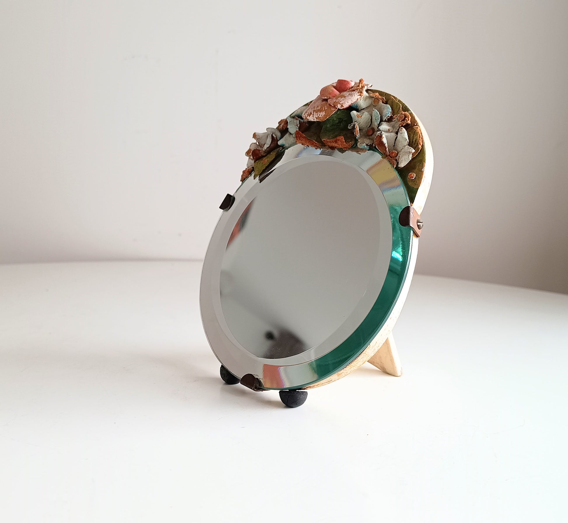 Authentic Vintage English Small Barbola Mirror with Painted Leather Flowers