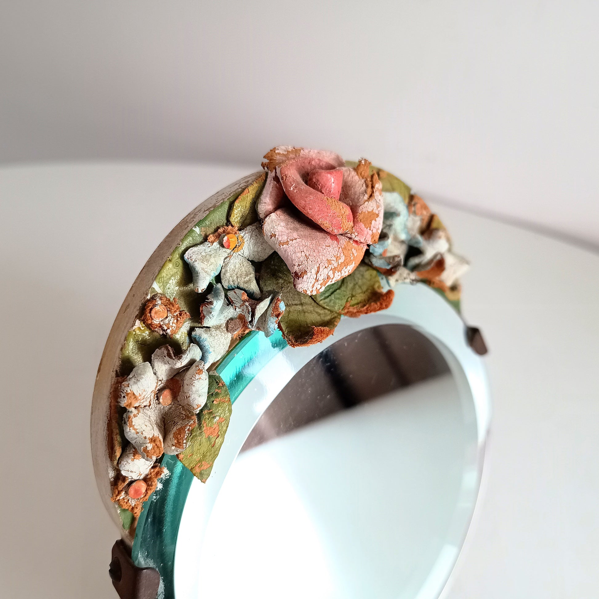 Authentic Vintage English Small Barbola Mirror with Painted Leather Flowers