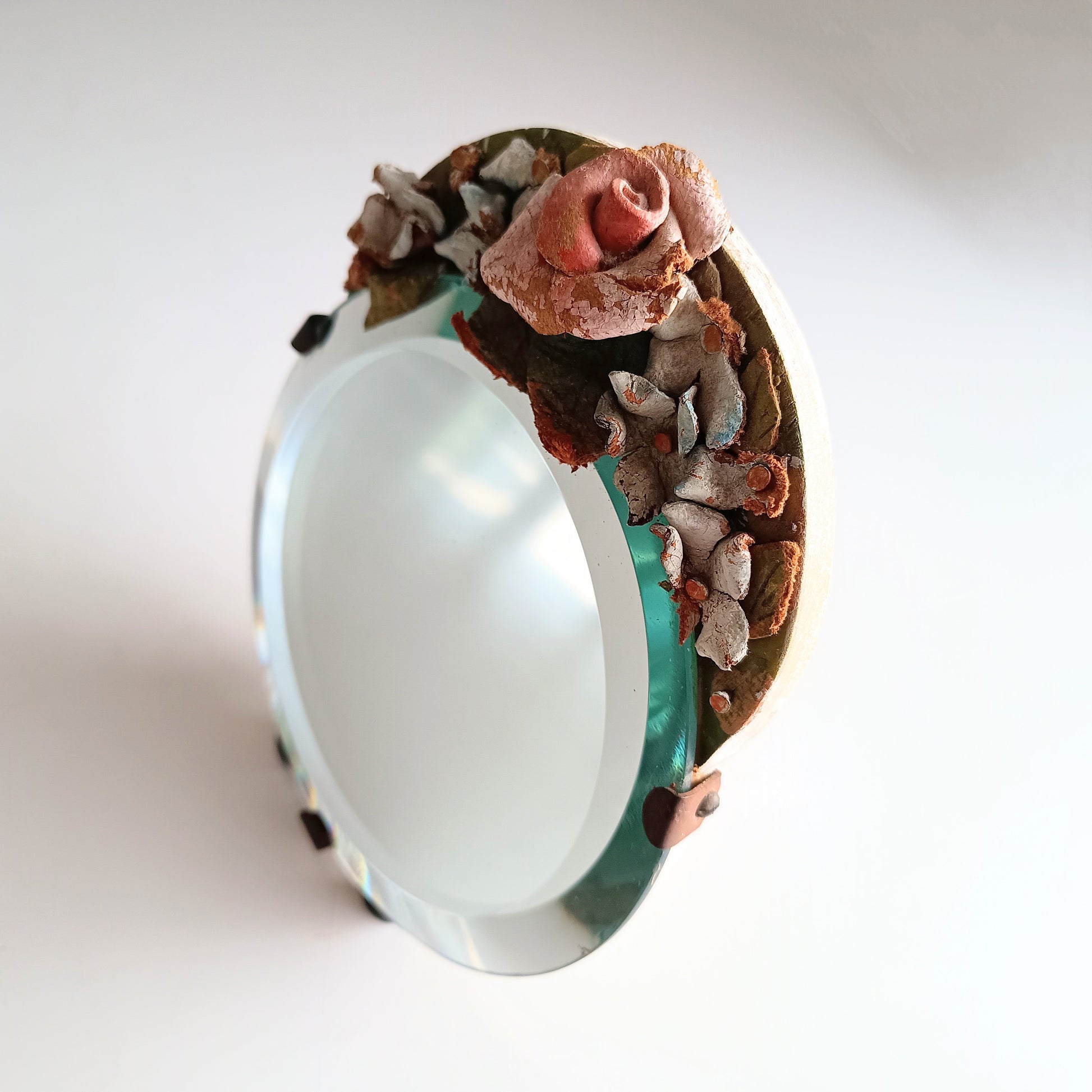 Authentic Vintage English Small Barbola Mirror with Painted Leather Flowers