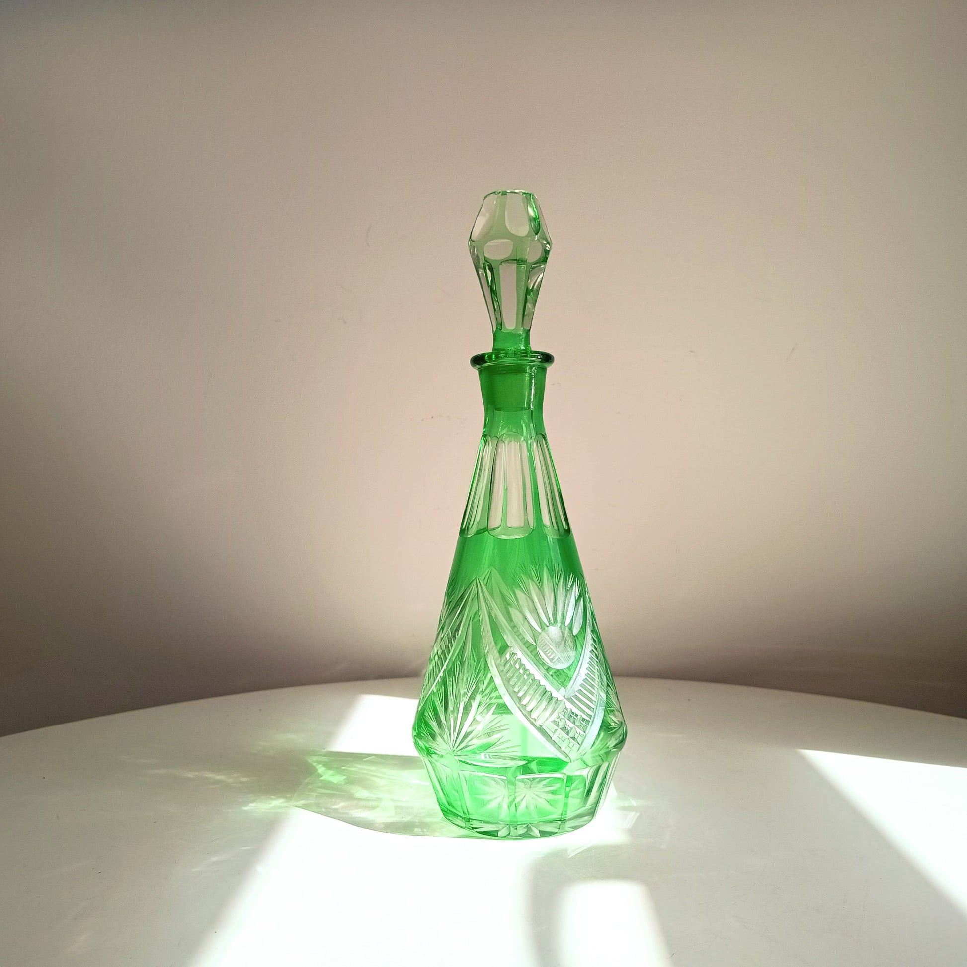 Vintage Bohemia Cut Glass Liqueur Carafe with Stopper Emerald Green Cut-to-clear Baccarat
