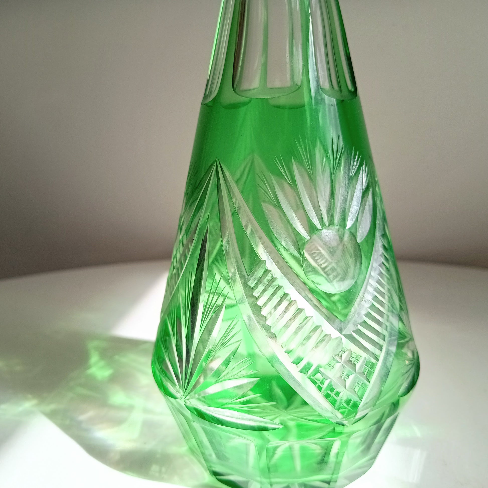 Vintage Bohemia Cut Glass Liqueur Carafe with Stopper Emerald Green Cut-to-clear Baccarat