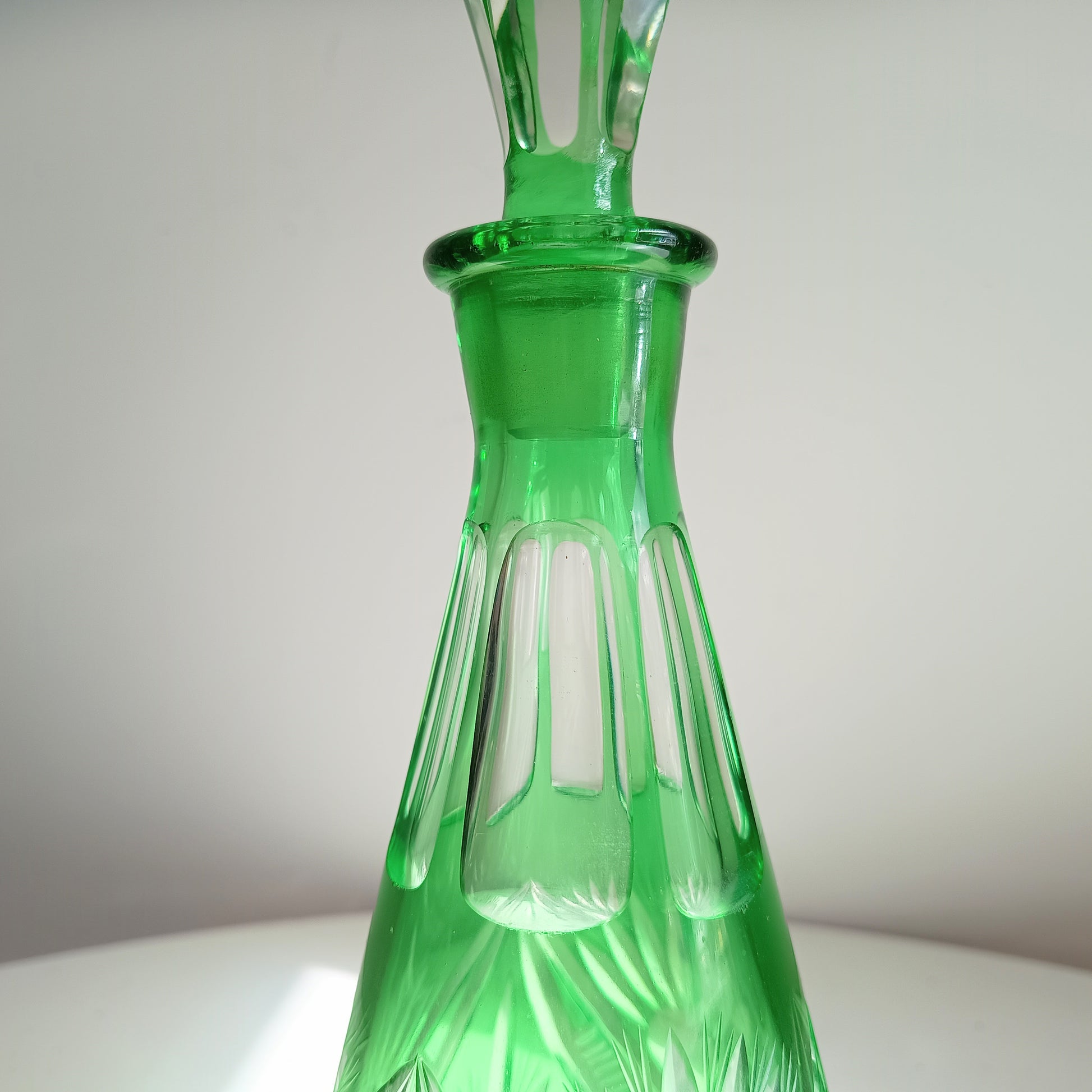 Vintage Bohemia Cut Glass Liqueur Carafe with Stopper Emerald Green Cut-to-clear Baccarat