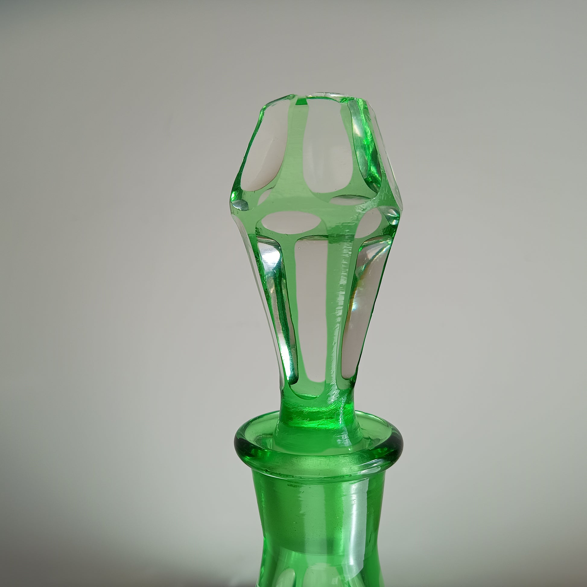 Vintage Bohemia Cut Glass Liqueur Carafe with Stopper Emerald Green Cut-to-clear Baccarat