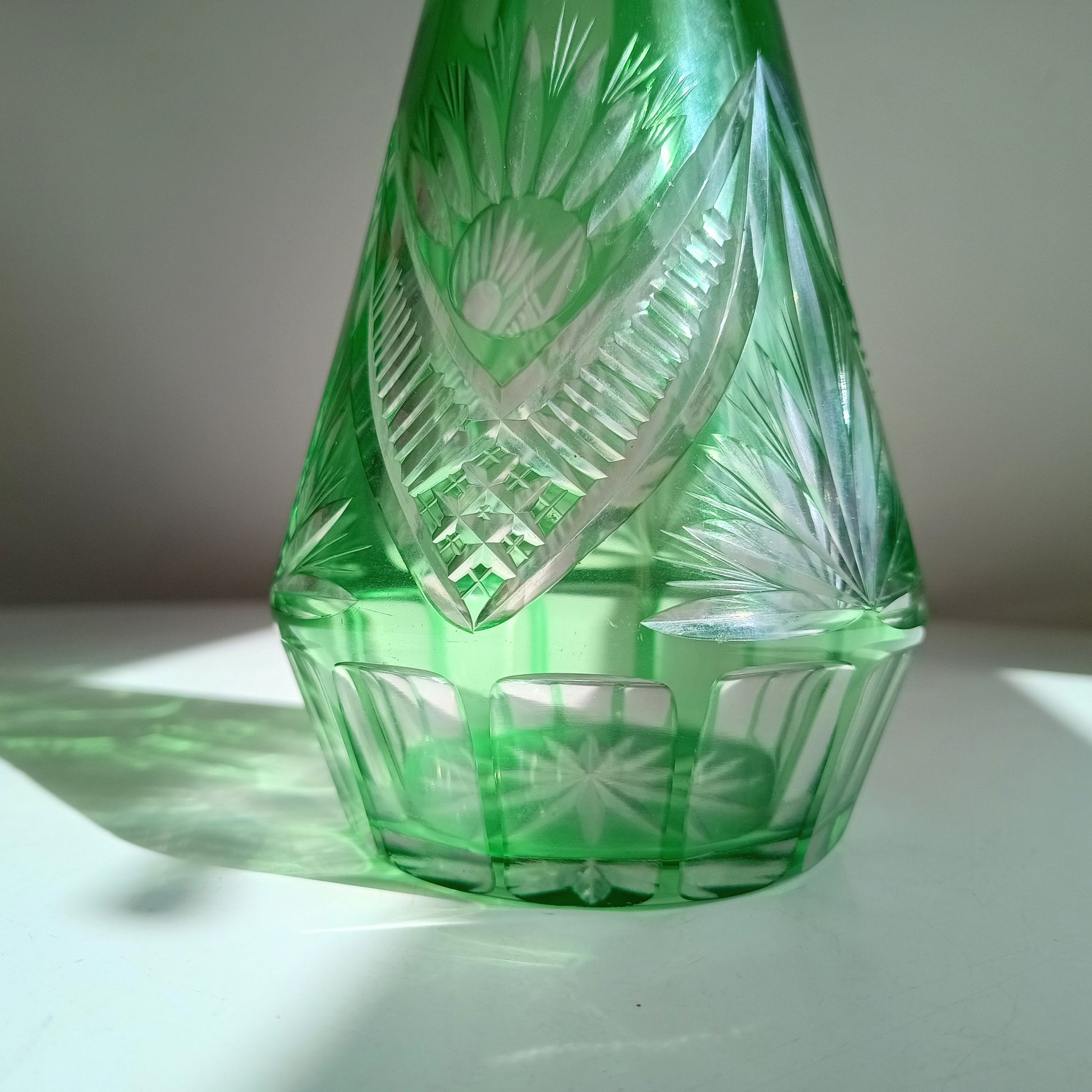 Vintage Bohemia Cut Glass Liqueur Carafe with Stopper Emerald Green Cut-to-clear Baccarat