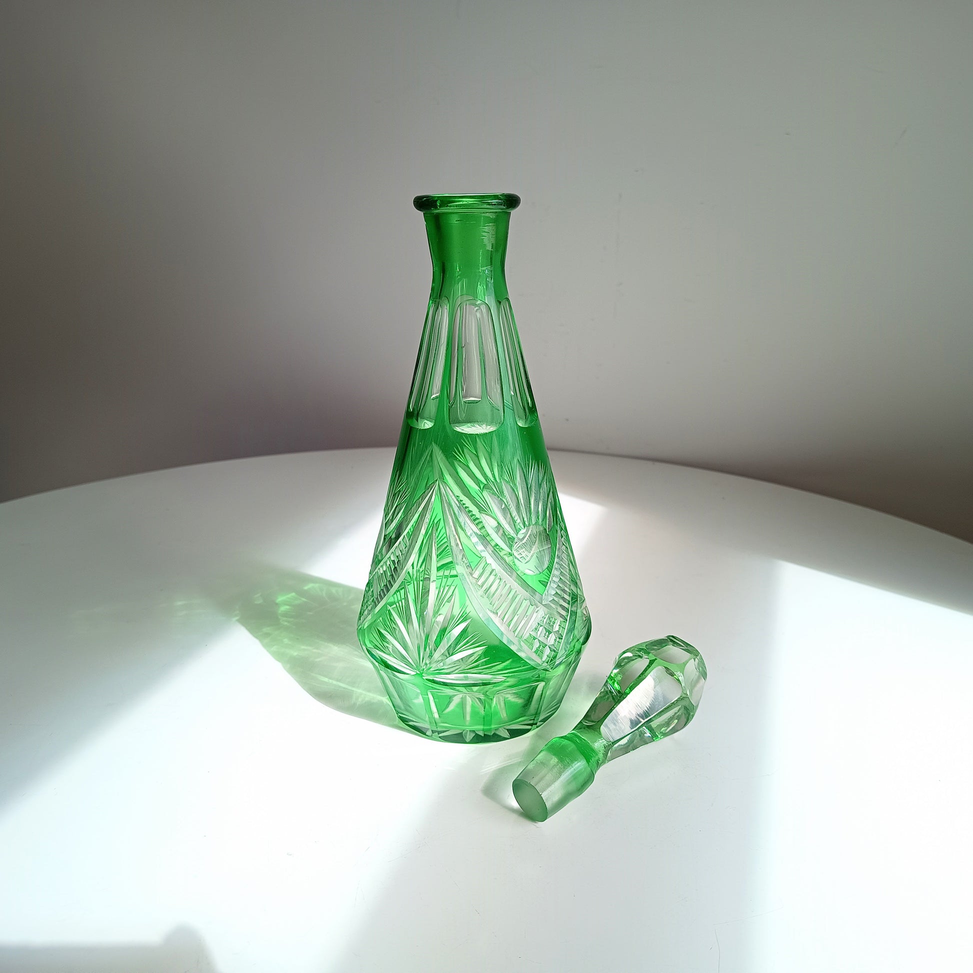 Vintage Bohemia Cut Glass Liqueur Carafe with Stopper Emerald Green Cut-to-clear Baccarat