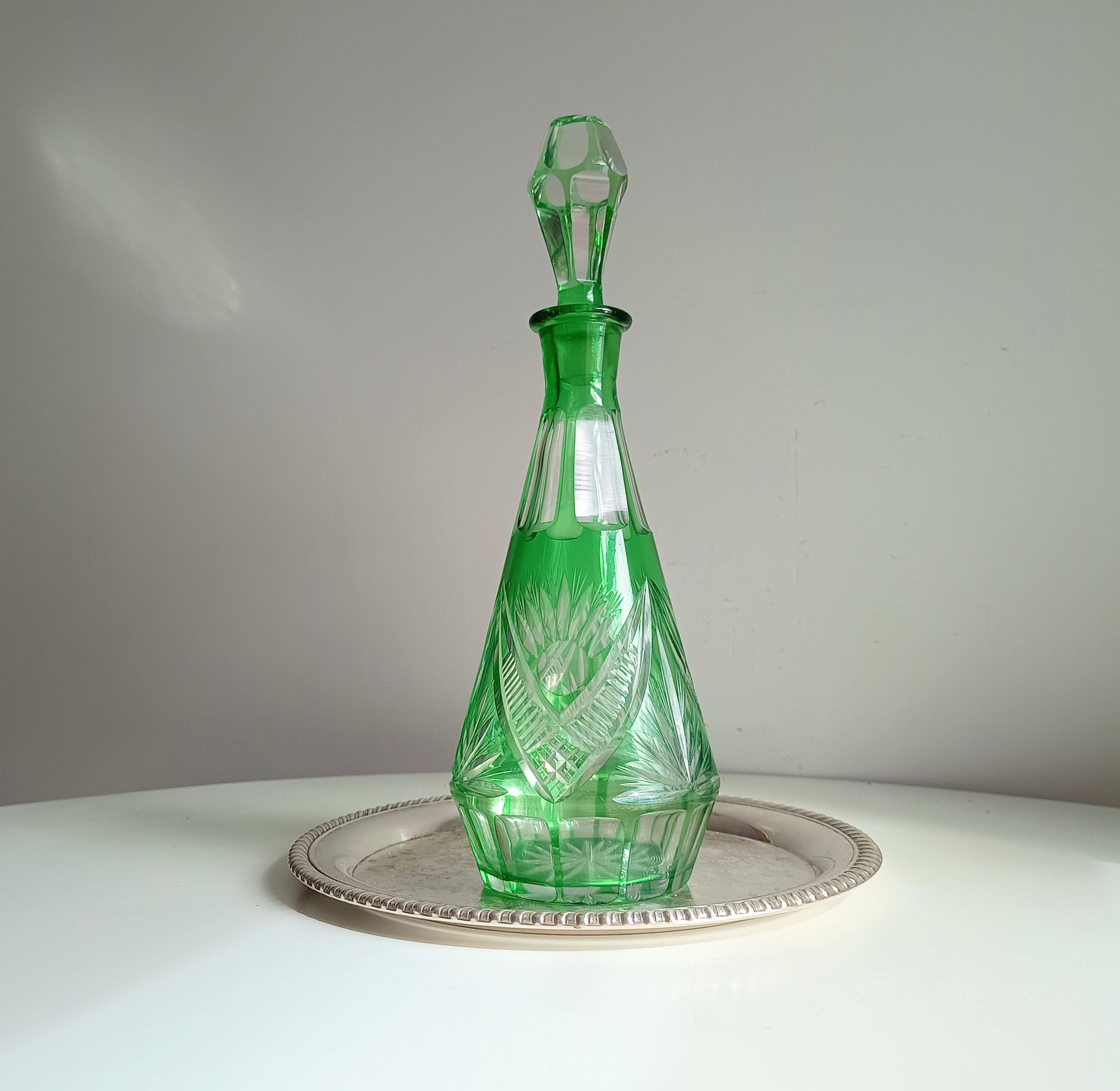 Vintage Bohemia Cut Glass Liqueur Carafe with Stopper Emerald Green Cut-to-clear Baccarat