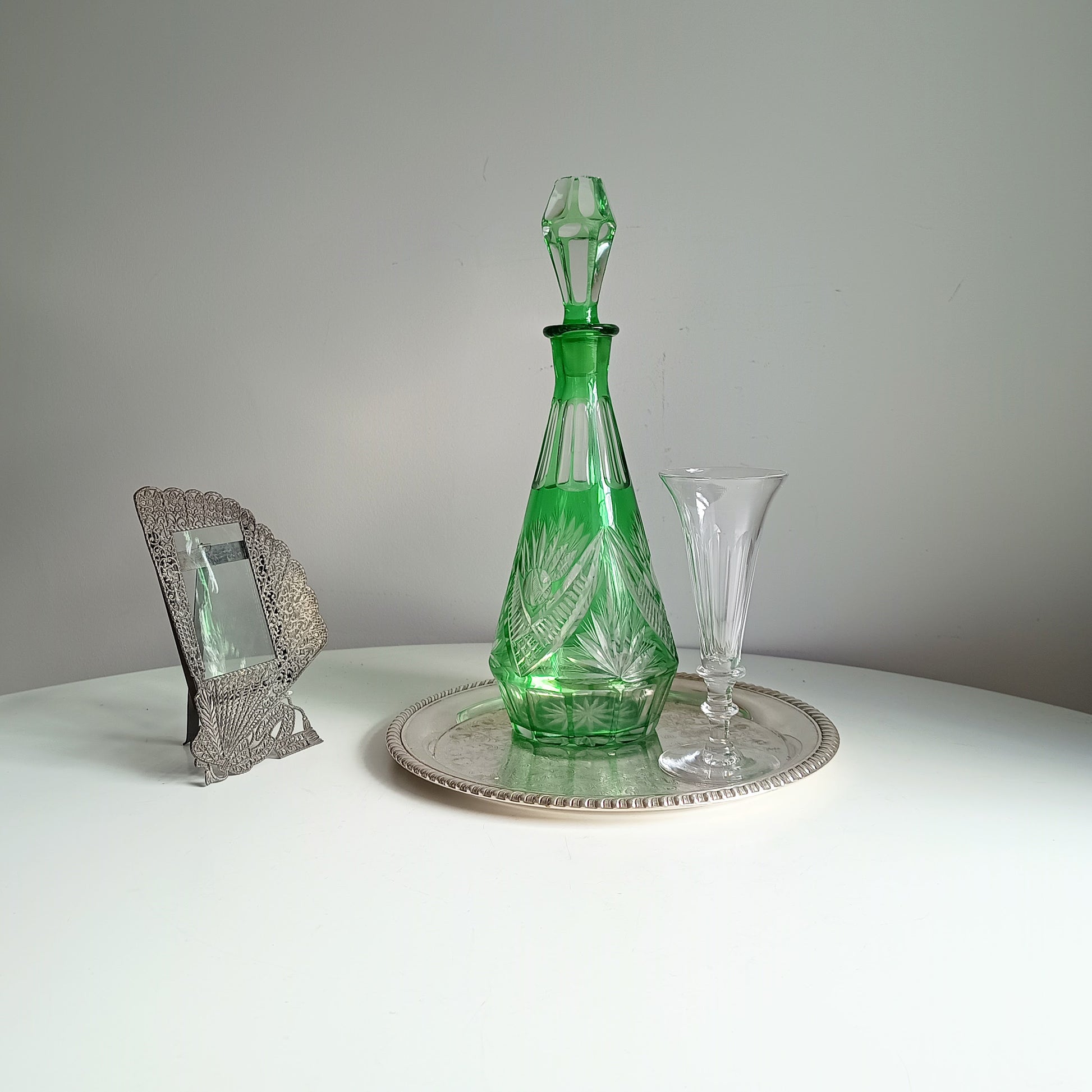 Vintage Bohemia Cut Glass Liqueur Carafe with Stopper Emerald Green Cut-to-clear