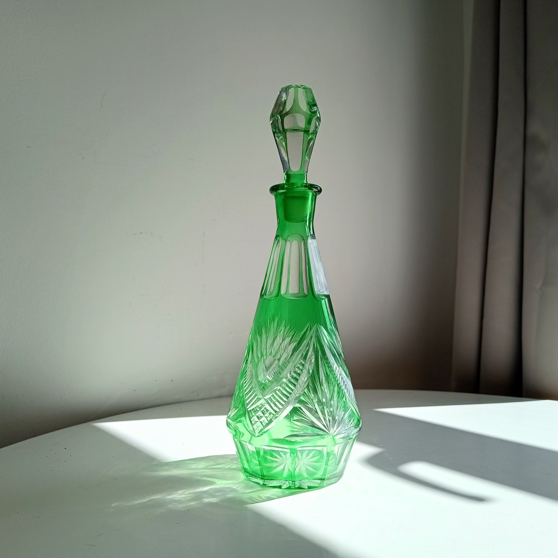 Vintage Bohemia Cut Glass Liqueur Carafe with Stopper Emerald Green Cut-to-clear Baccarat