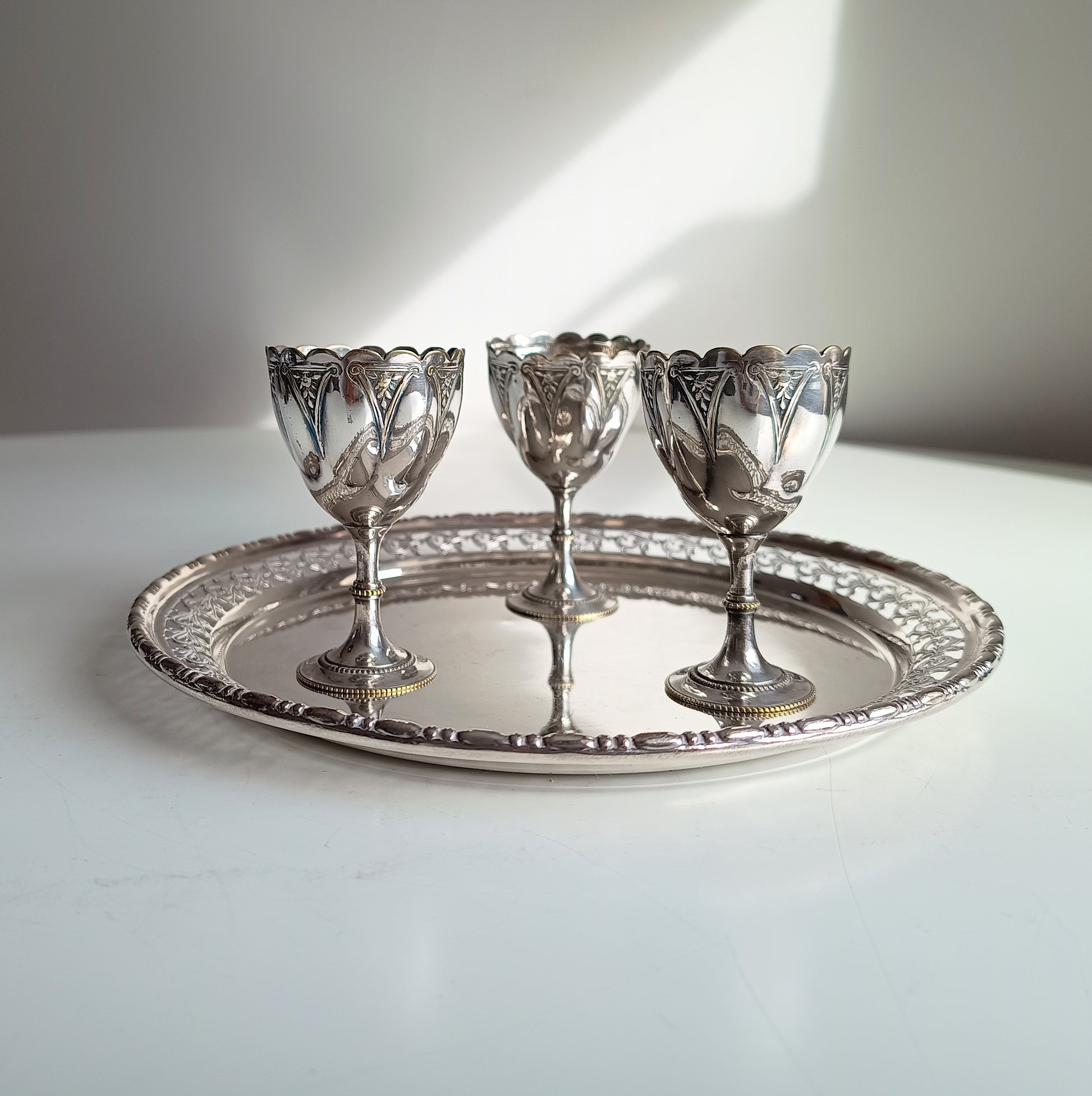 Victorian Gothic Silver Plate Egg Cups with Ornate Tray