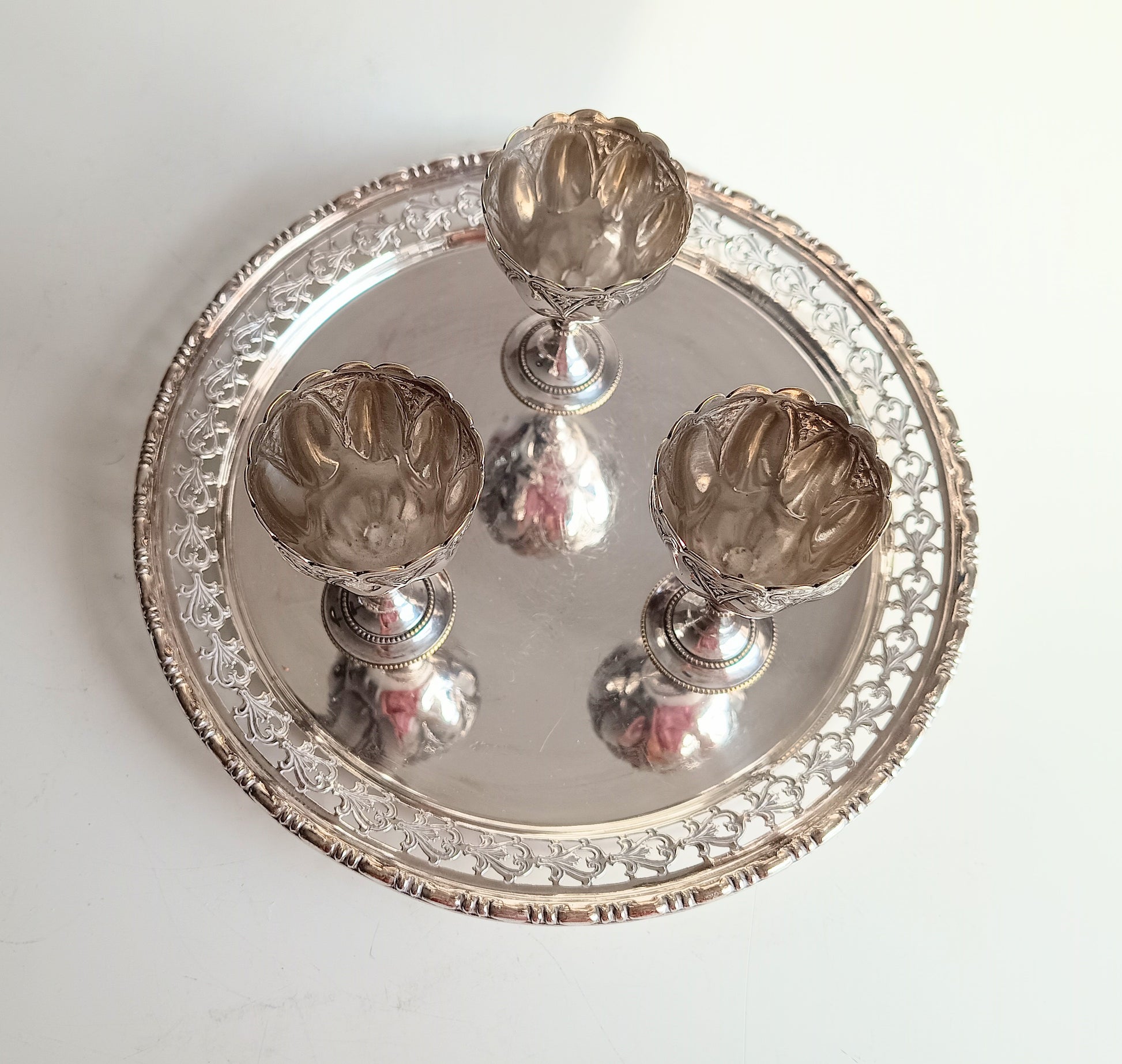 Victorian Gothic Silver Plate Egg Cups with Ornate Tray