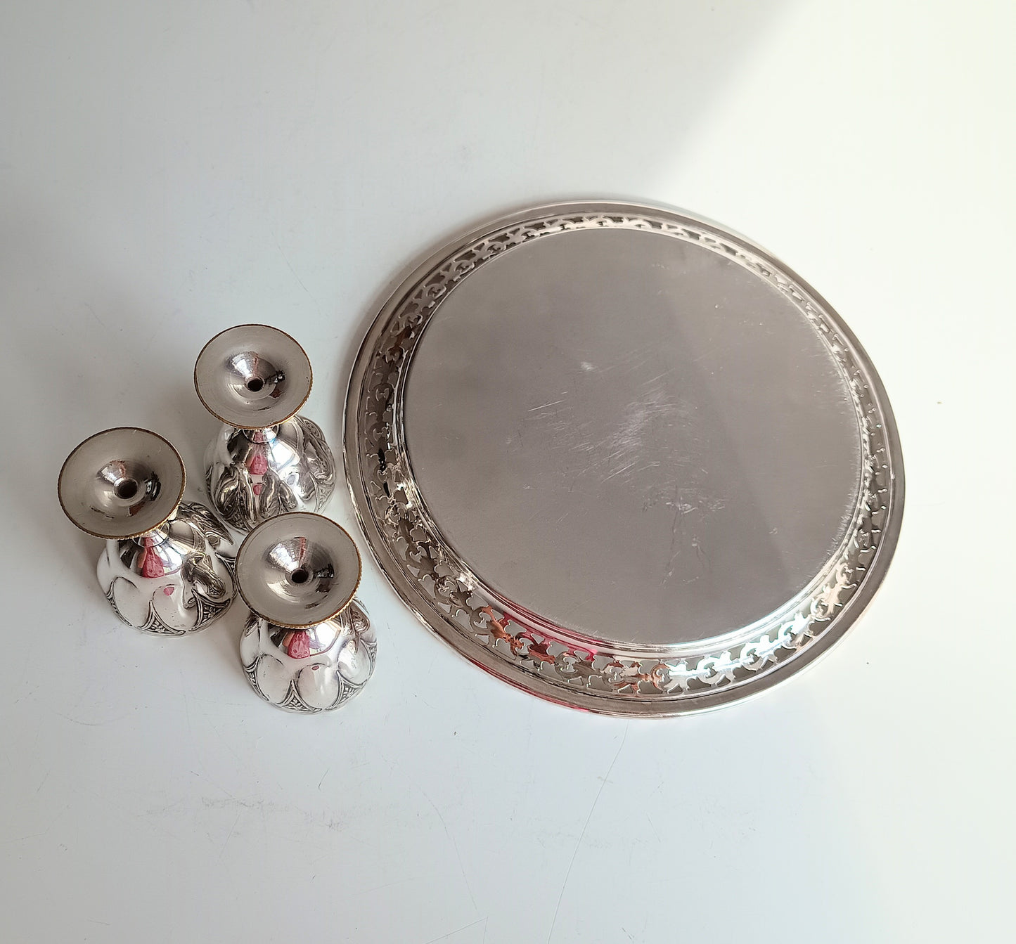 Three Victorian Gothic Silver Plate Egg Cups with Ornate Tray