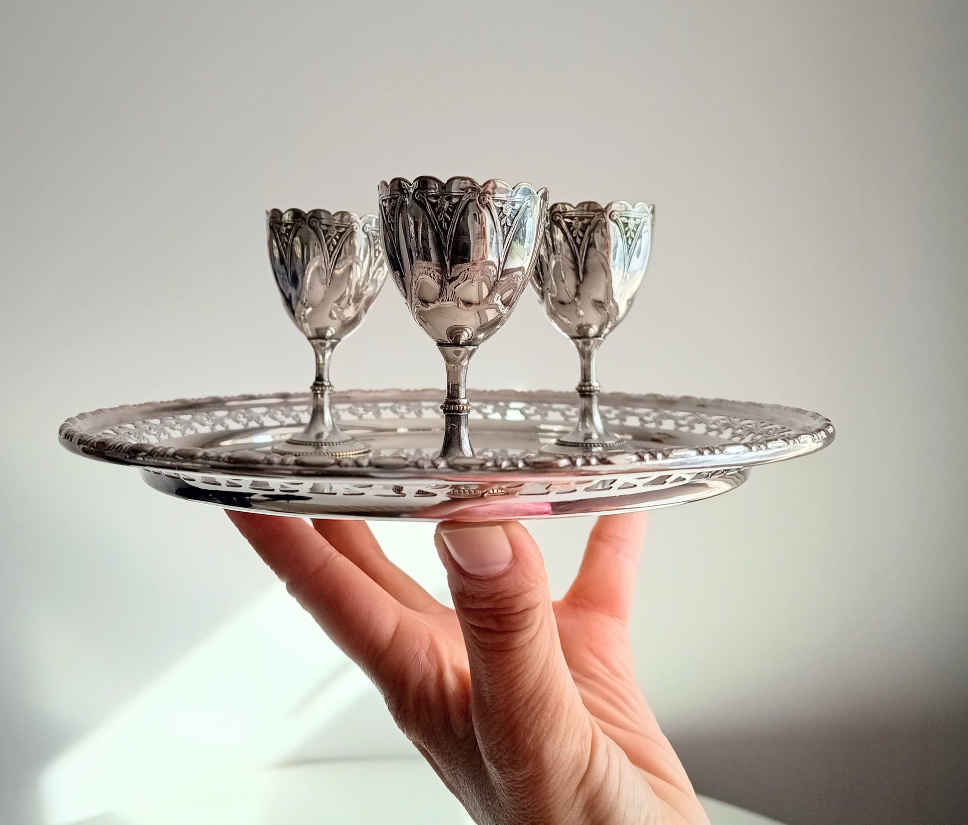 Victorian Gothic Silver Plate Egg Cups with Ornate Tray
