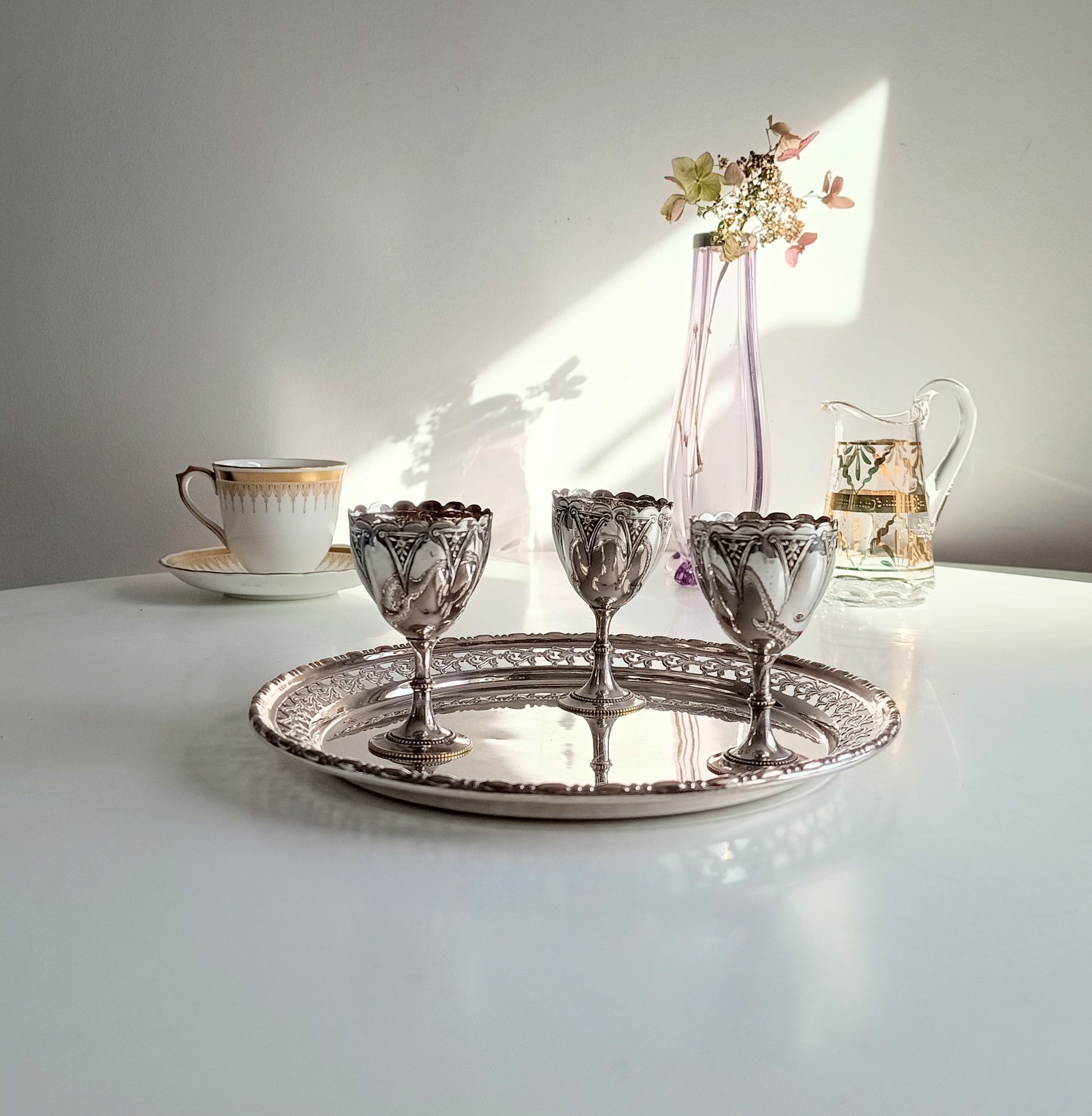 Victorian Gothic Silver Plate Egg Cups with Ornate Tray