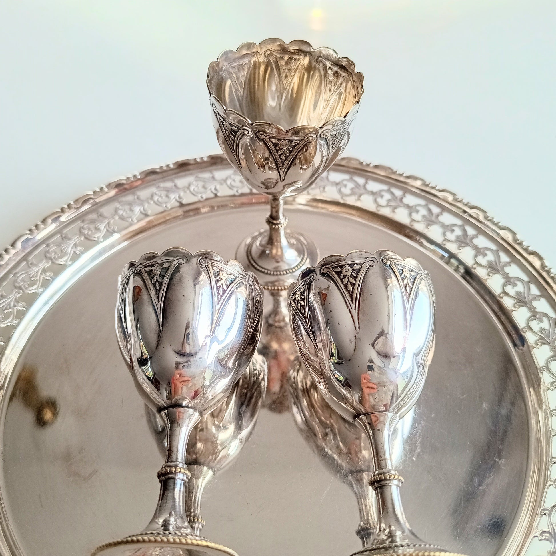 Victorian Gothic Silver Plate Egg Cups with Ornate Tray