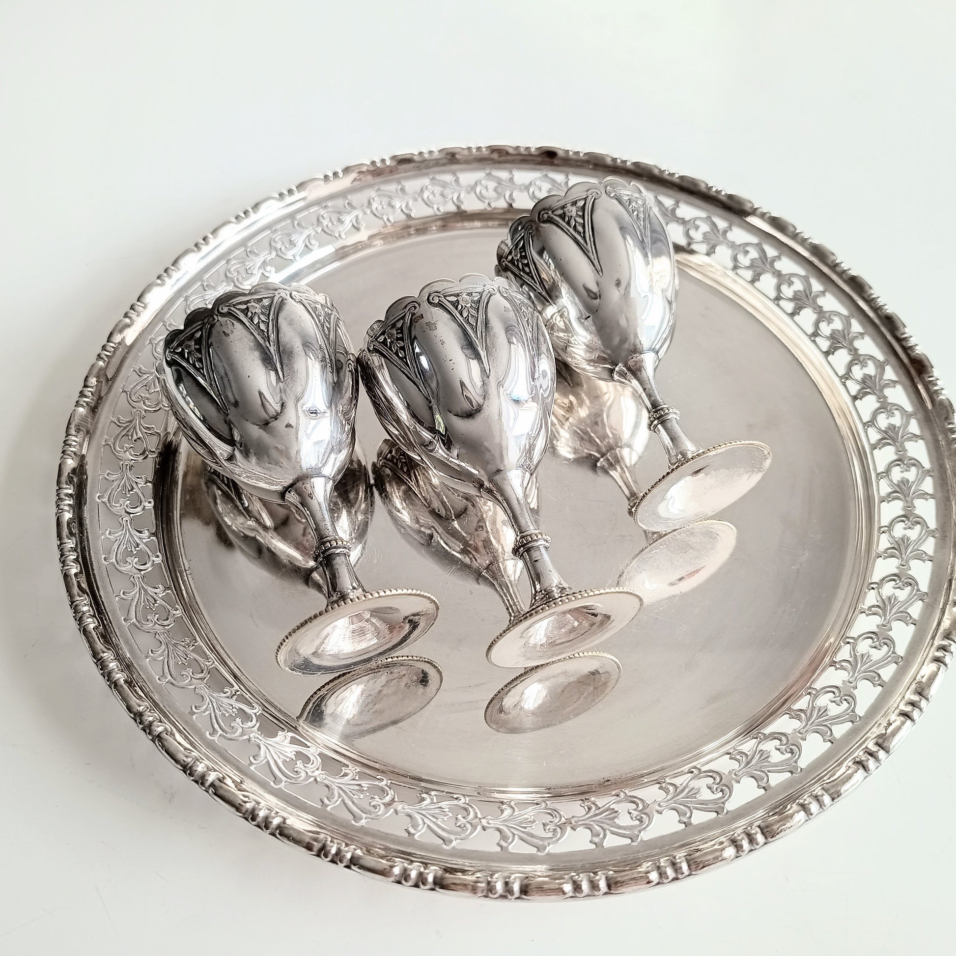 Victorian Gothic Silver Plate Egg Cups with Ornate Tray