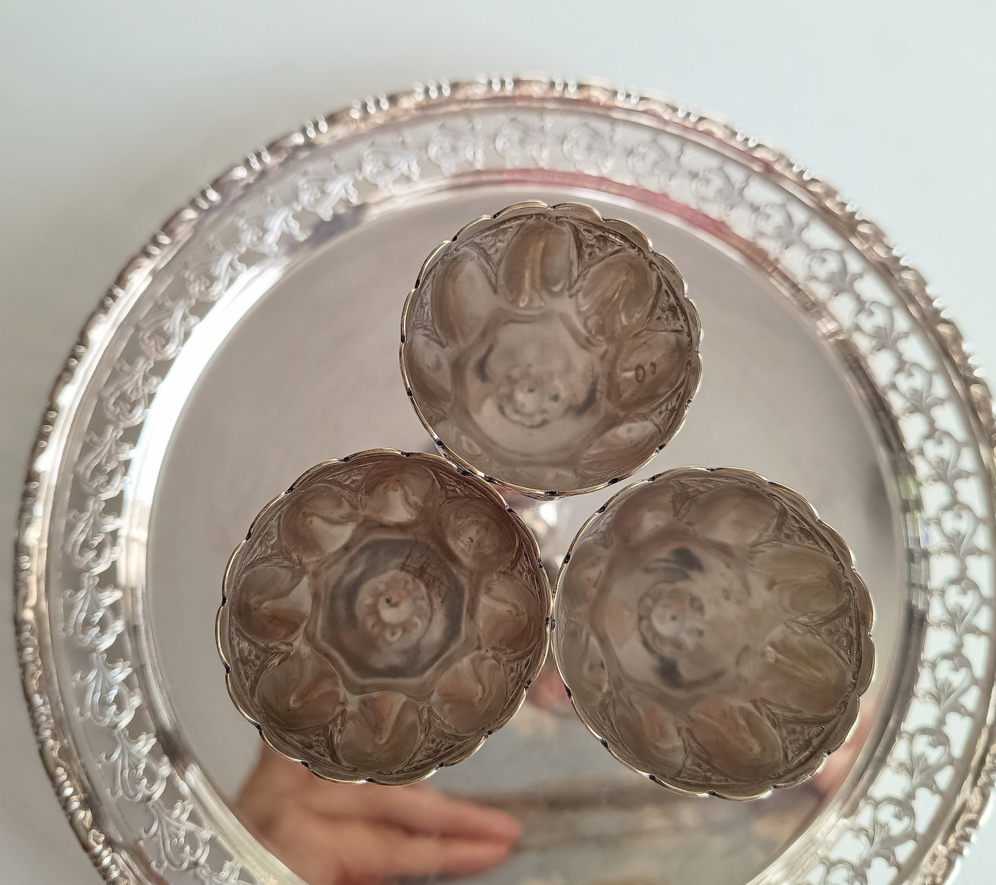 Three Victorian Gothic Silver Plate Egg Cups with Ornate Tray