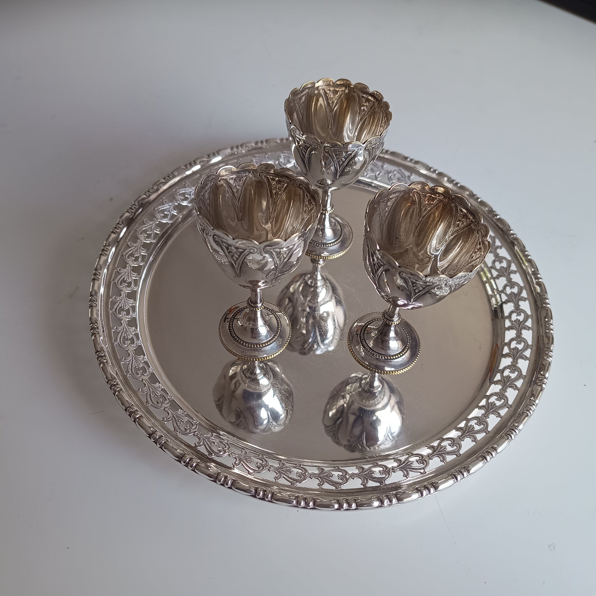 Victorian Gothic Silver Plate Egg Cups with Ornate Tray