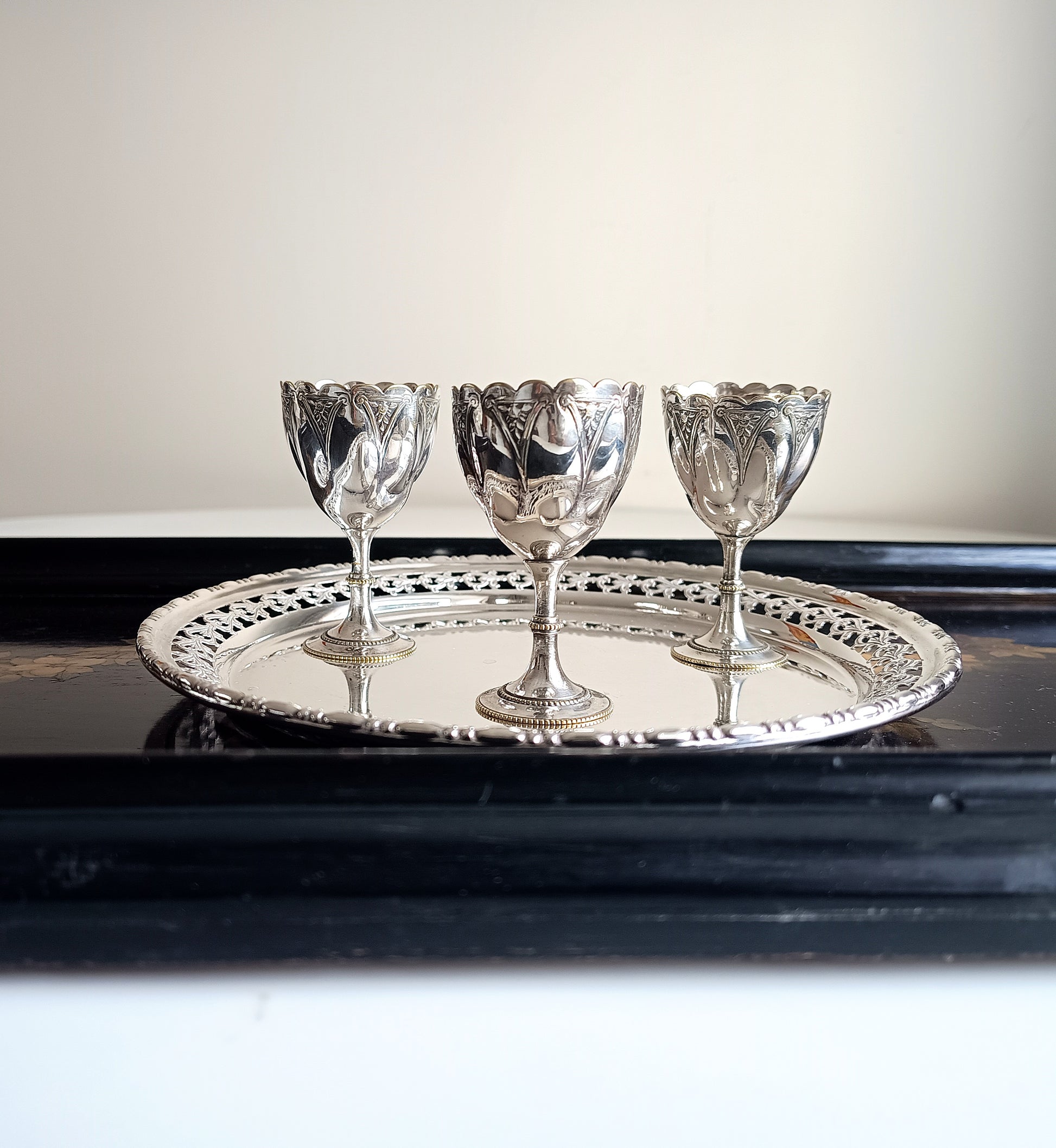 Victorian Gothic Silver Plate Egg Cups with Ornate Tray