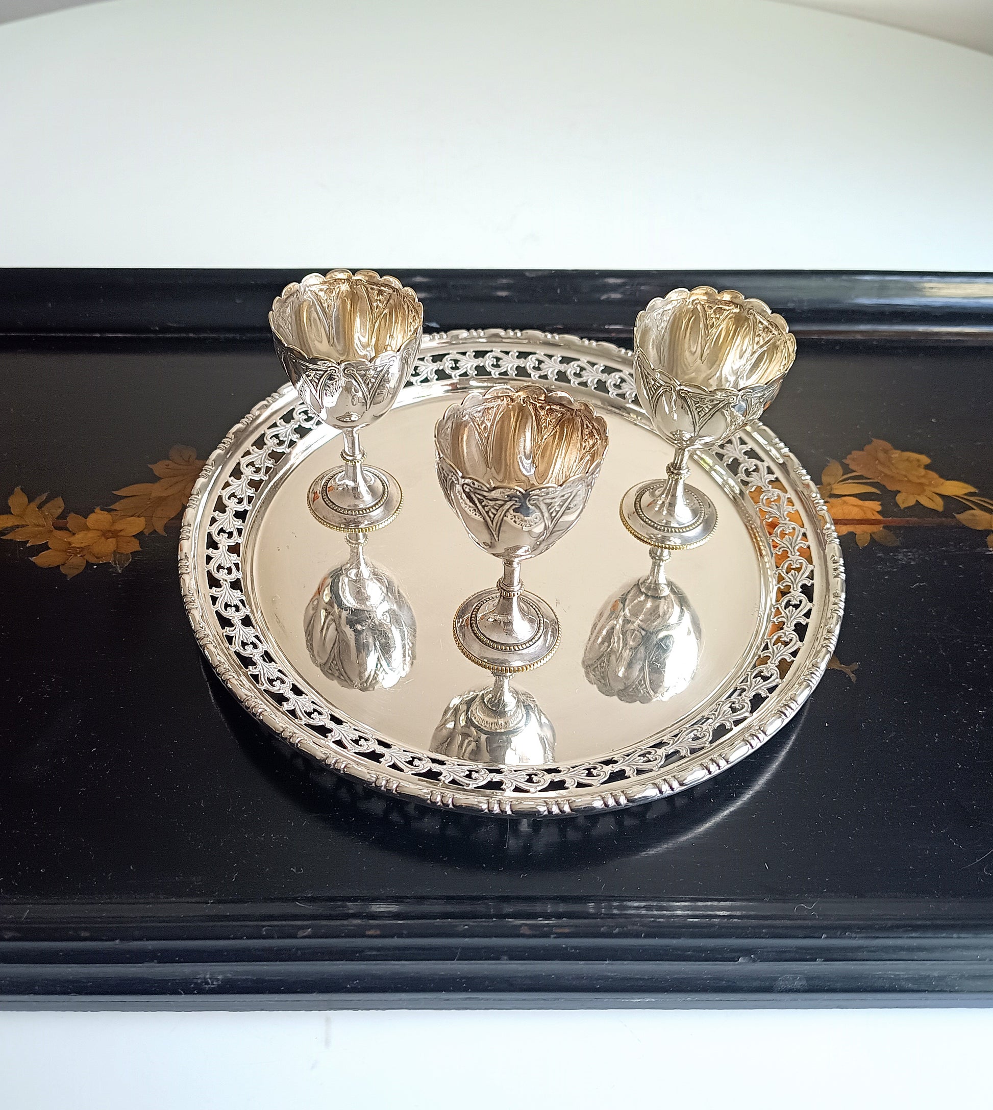 Victorian Gothic Silver Plate Egg Cups with Ornate Tray