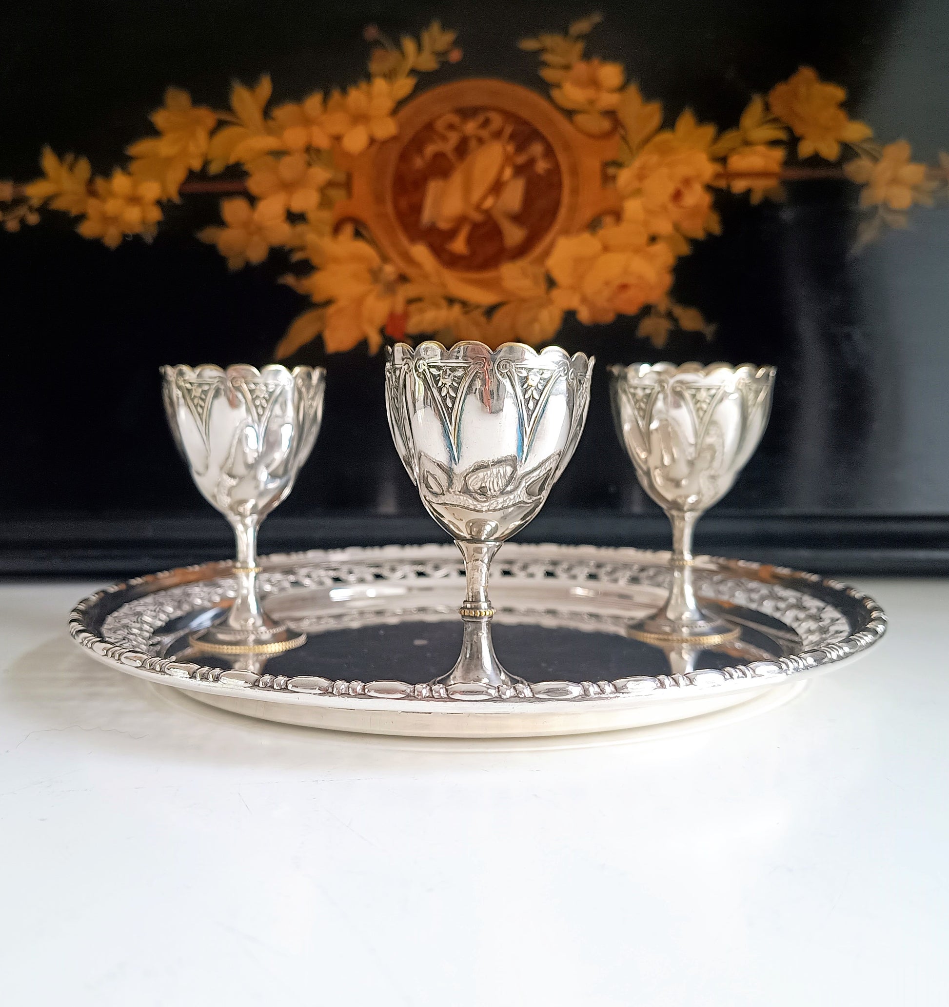 Victorian Gothic Silver Plate Egg Cups with Ornate Tray