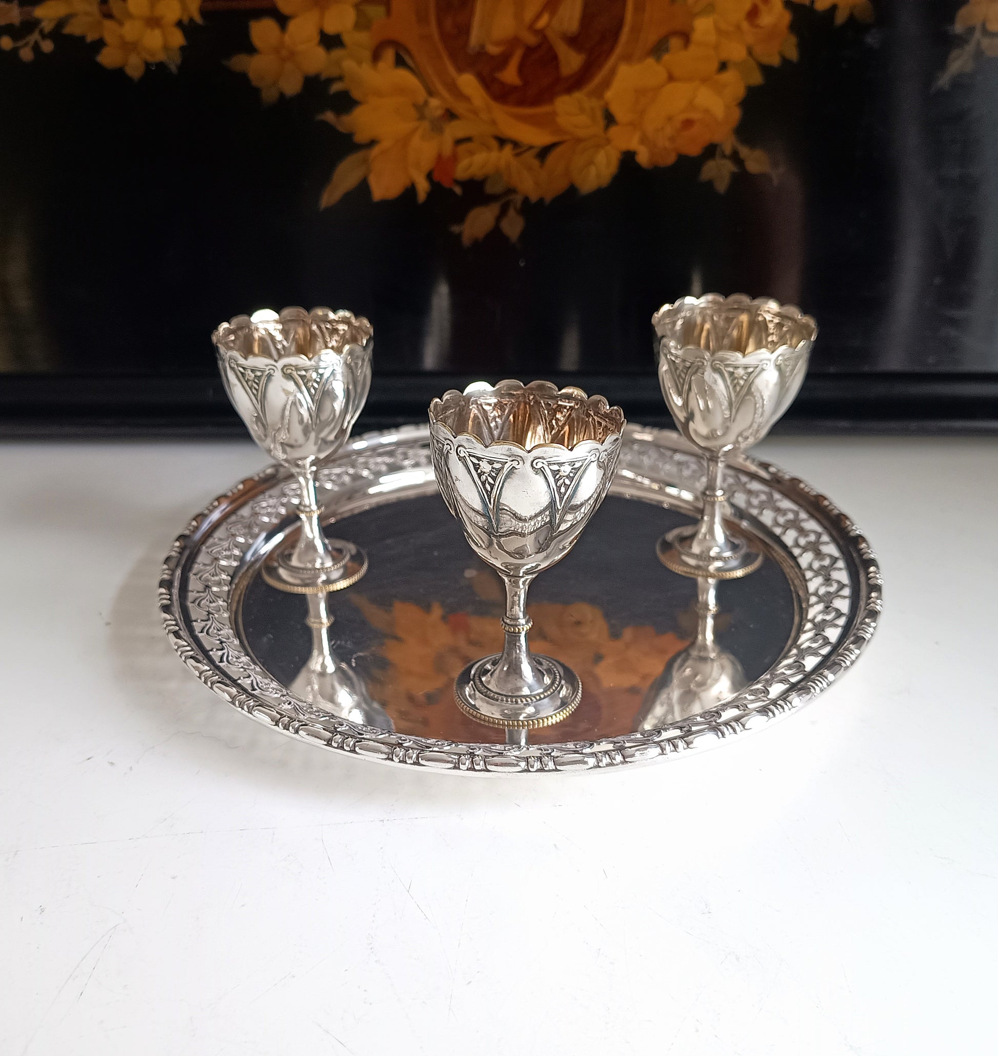 Victorian Gothic Silver Plate Egg Cups with Ornate Tray