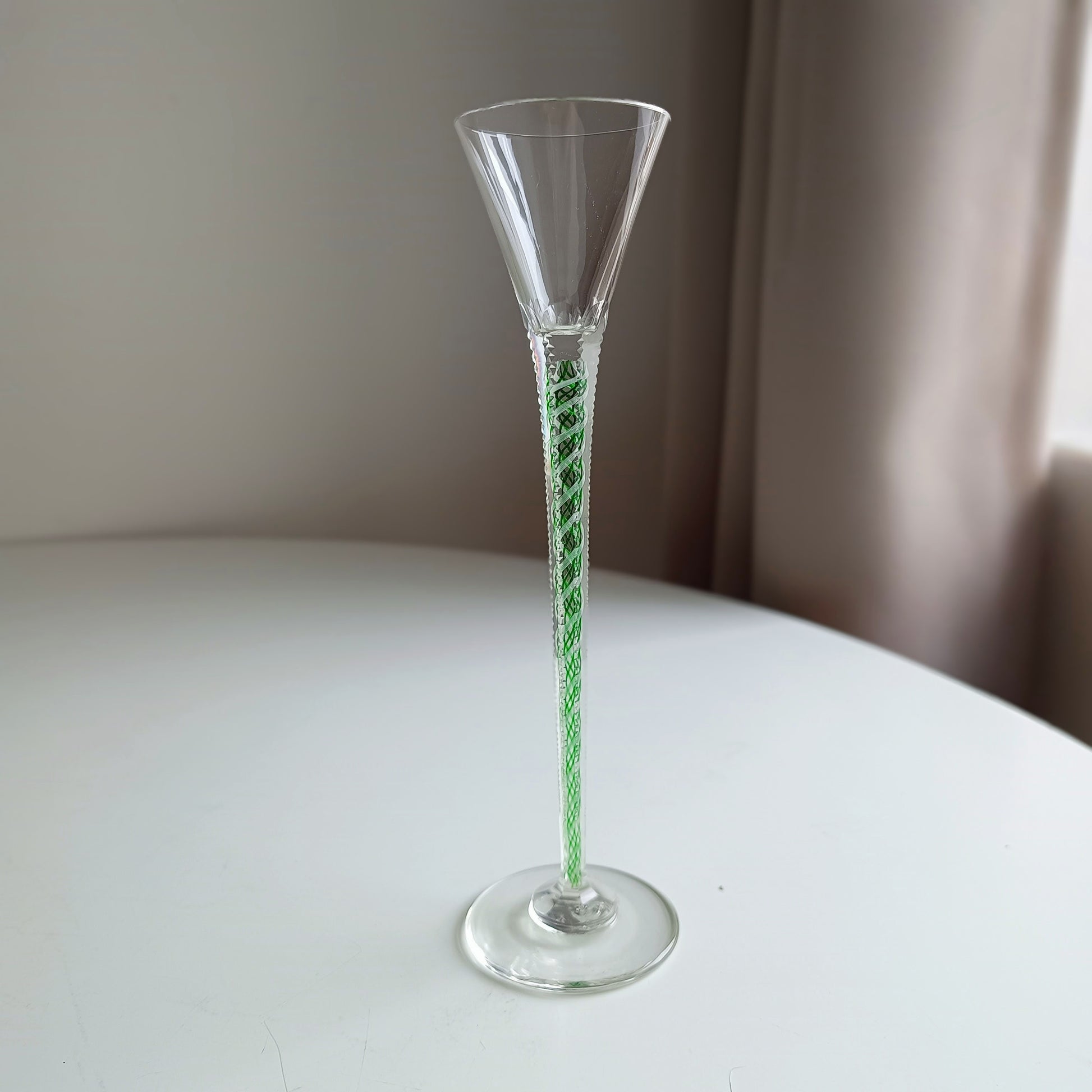 Art Nouveau Cordial Liqueur Glass, c.1900 – Continental, Green & White Spiral Twist Stem