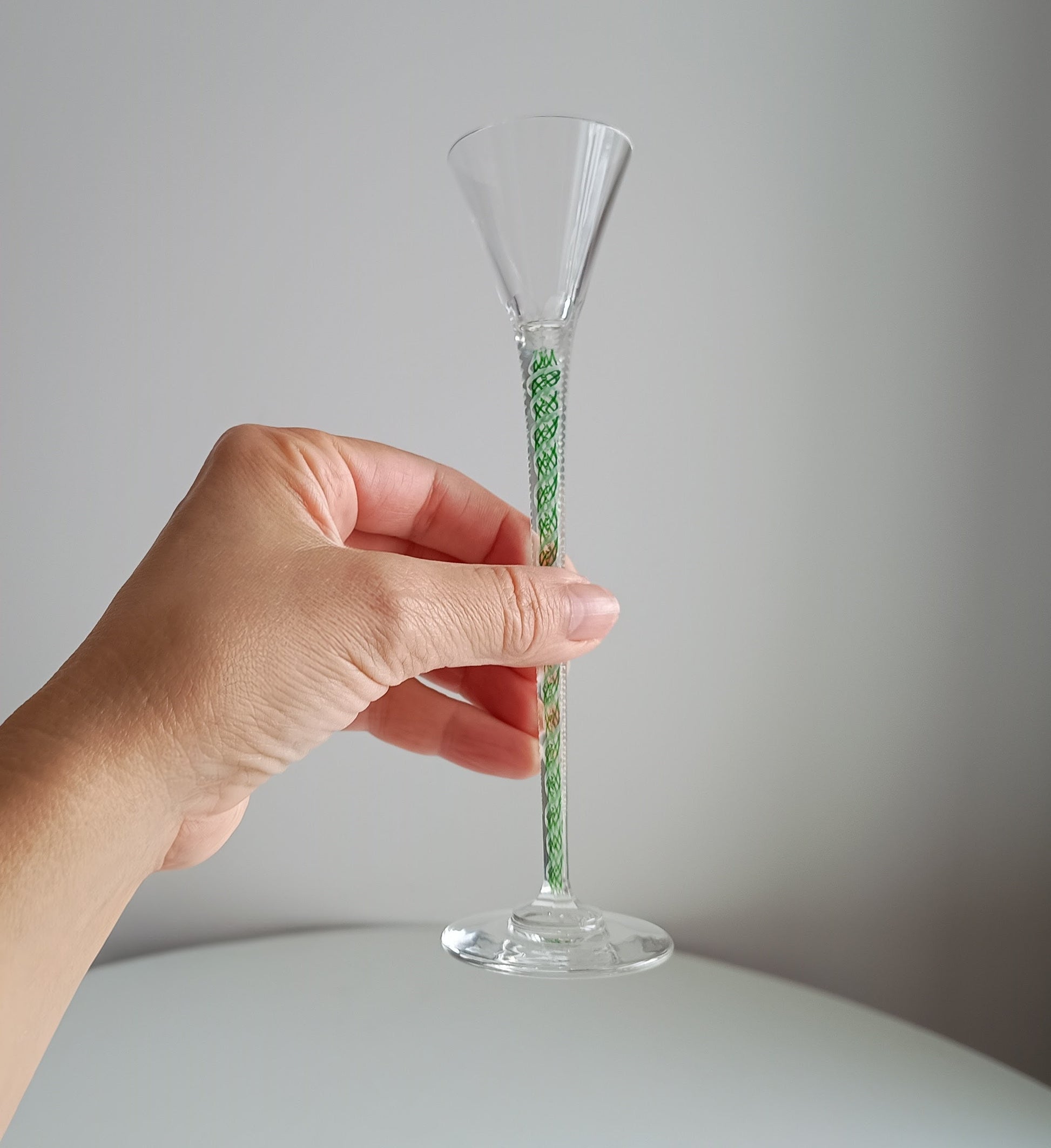 Art Nouveau Cordial Liqueur Glass, c.1900 – Continental, Green & White Spiral Twist Stem