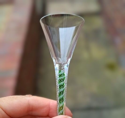 Art Nouveau Cordial Liqueur Glass, c.1900 – Continental, Green & White Spiral Twist Stem