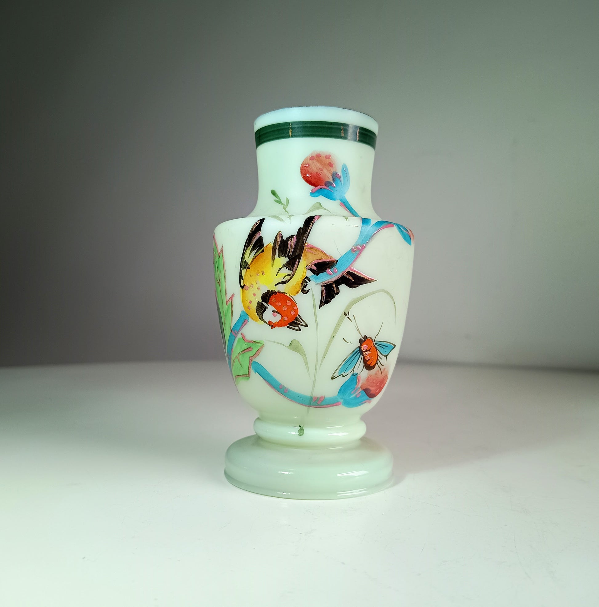 Vintage Uranium Opaline Glass Cabinet Vase: Aesthetic Movement Japonisme Enamel