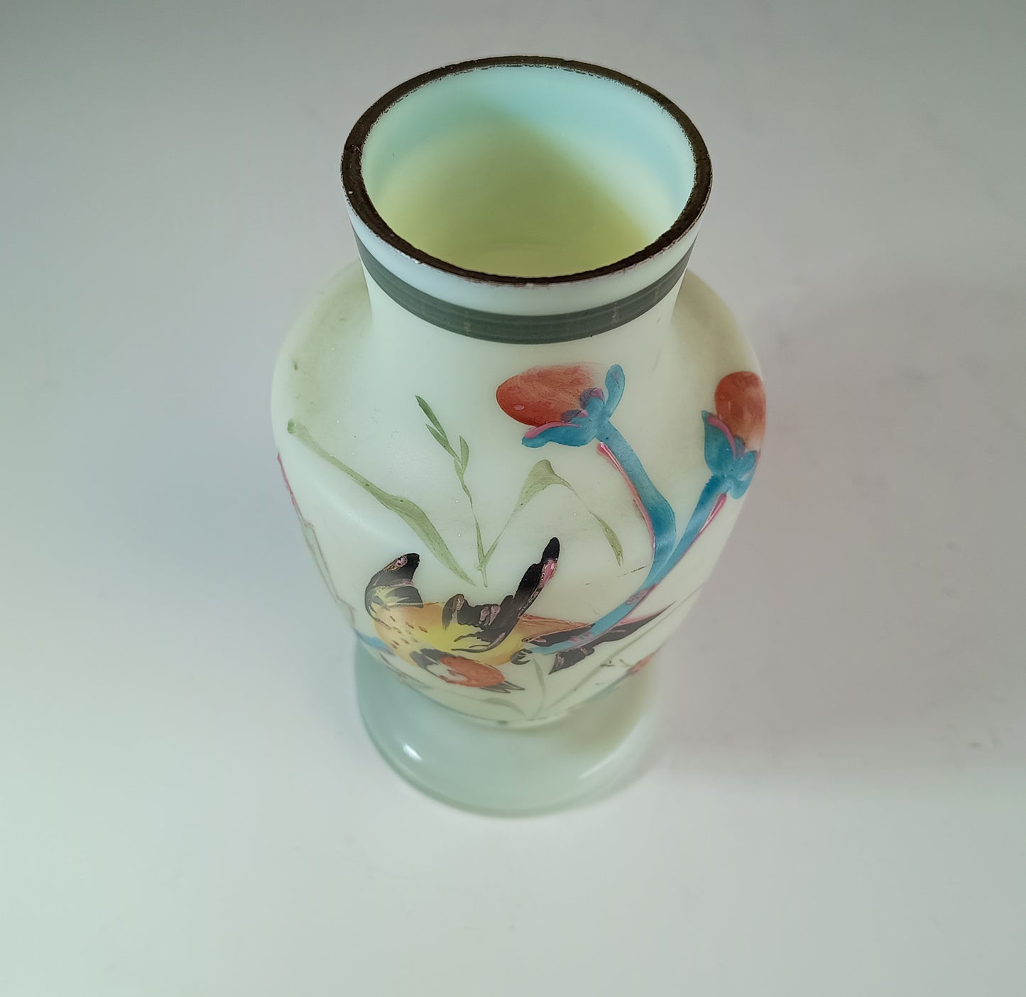 Vintage Uranium Opaline Glass Cabinet Vase: Aesthetic Movement Japonisme Enamel