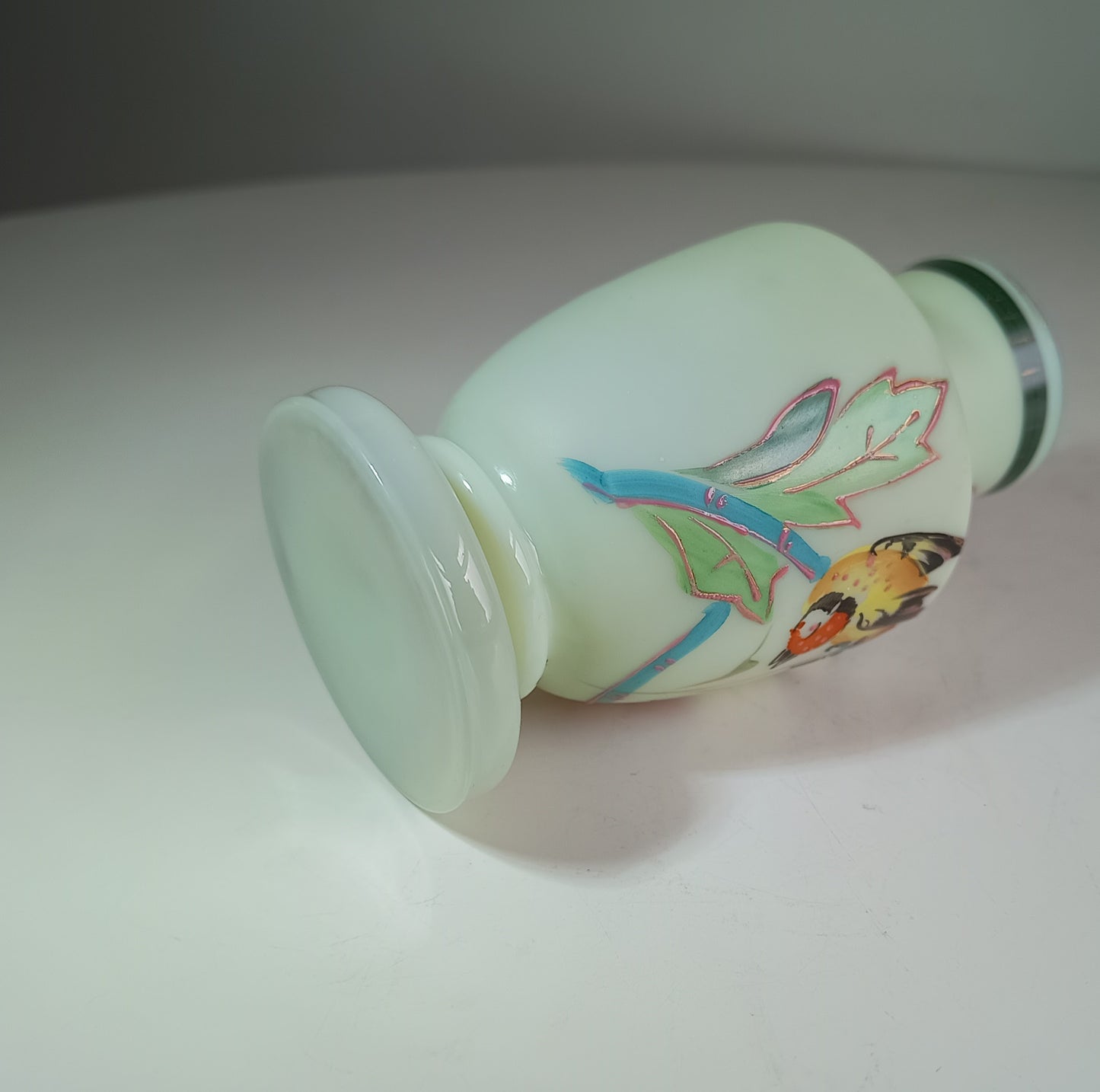 Vintage Uranium Opaline Glass Cabinet Vase: Aesthetic Movement Japonisme Enamel