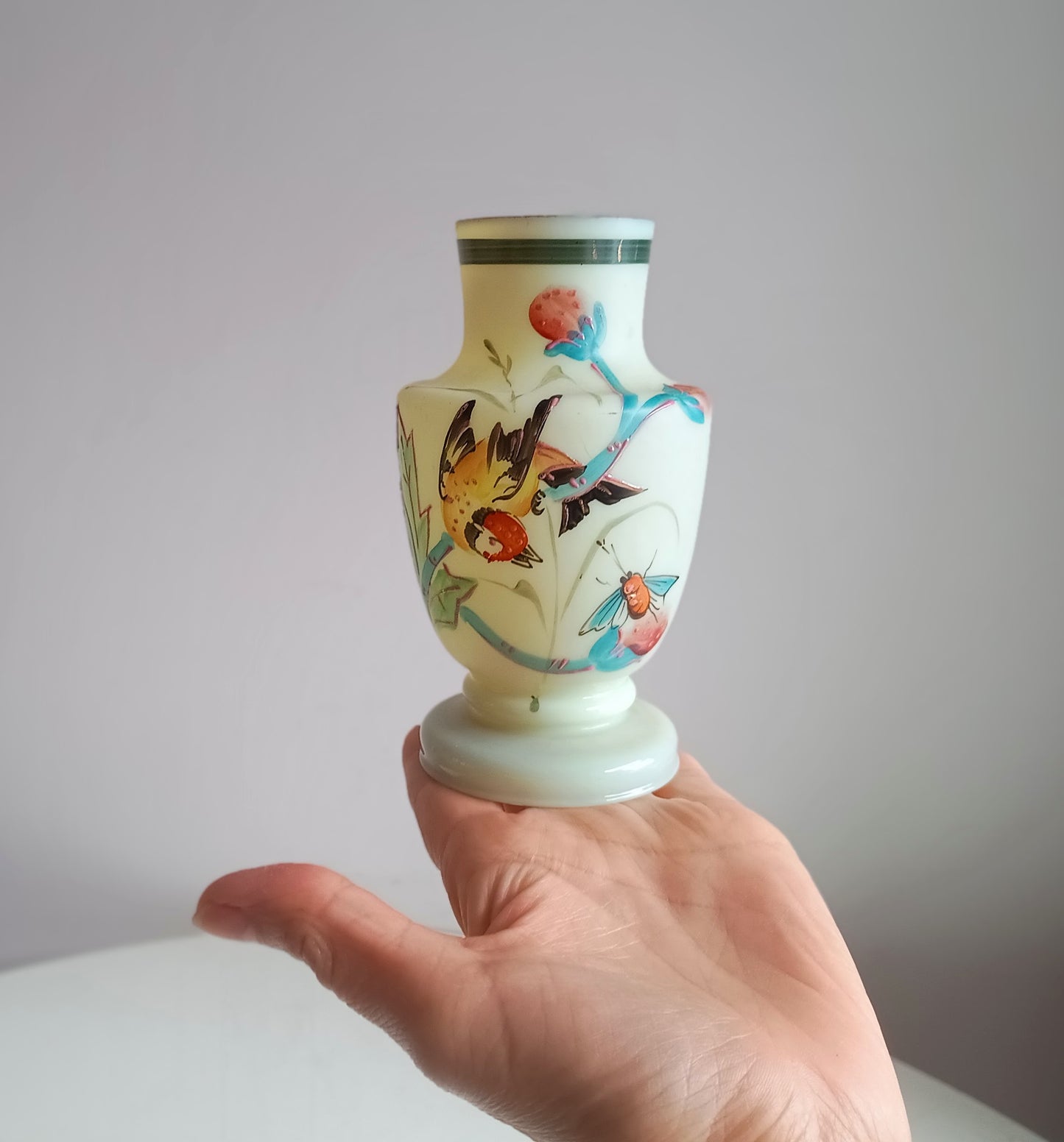 Vintage Uranium Opaline Glass Cabinet Vase: Aesthetic Movement Japonisme Enamel