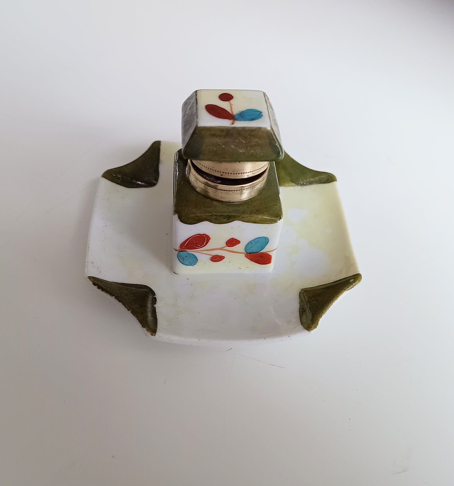 Small Antique Ceramic Edwardian Inkwell - Integrated Base, Hand Enamelled Decor