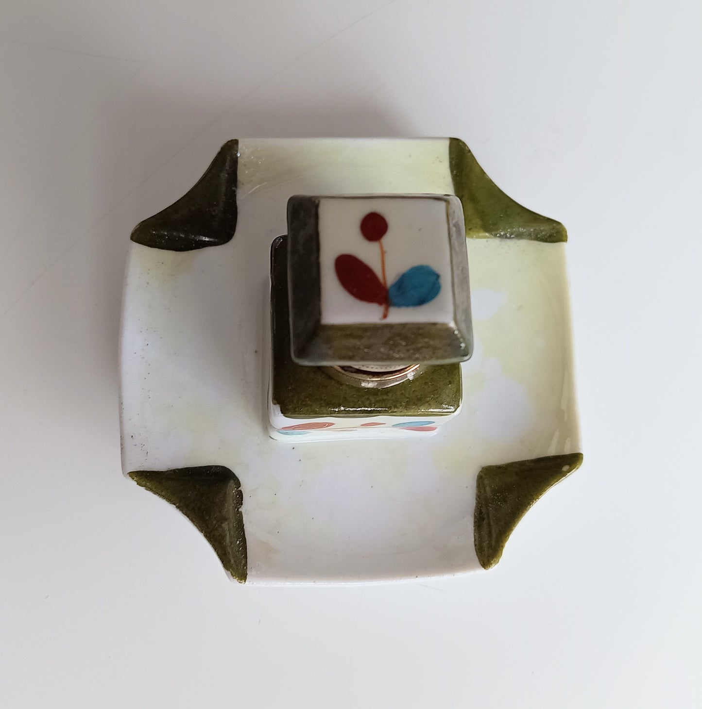 Small Antique Ceramic Edwardian Inkwell - Integrated Base, Hand Enamelled Decor