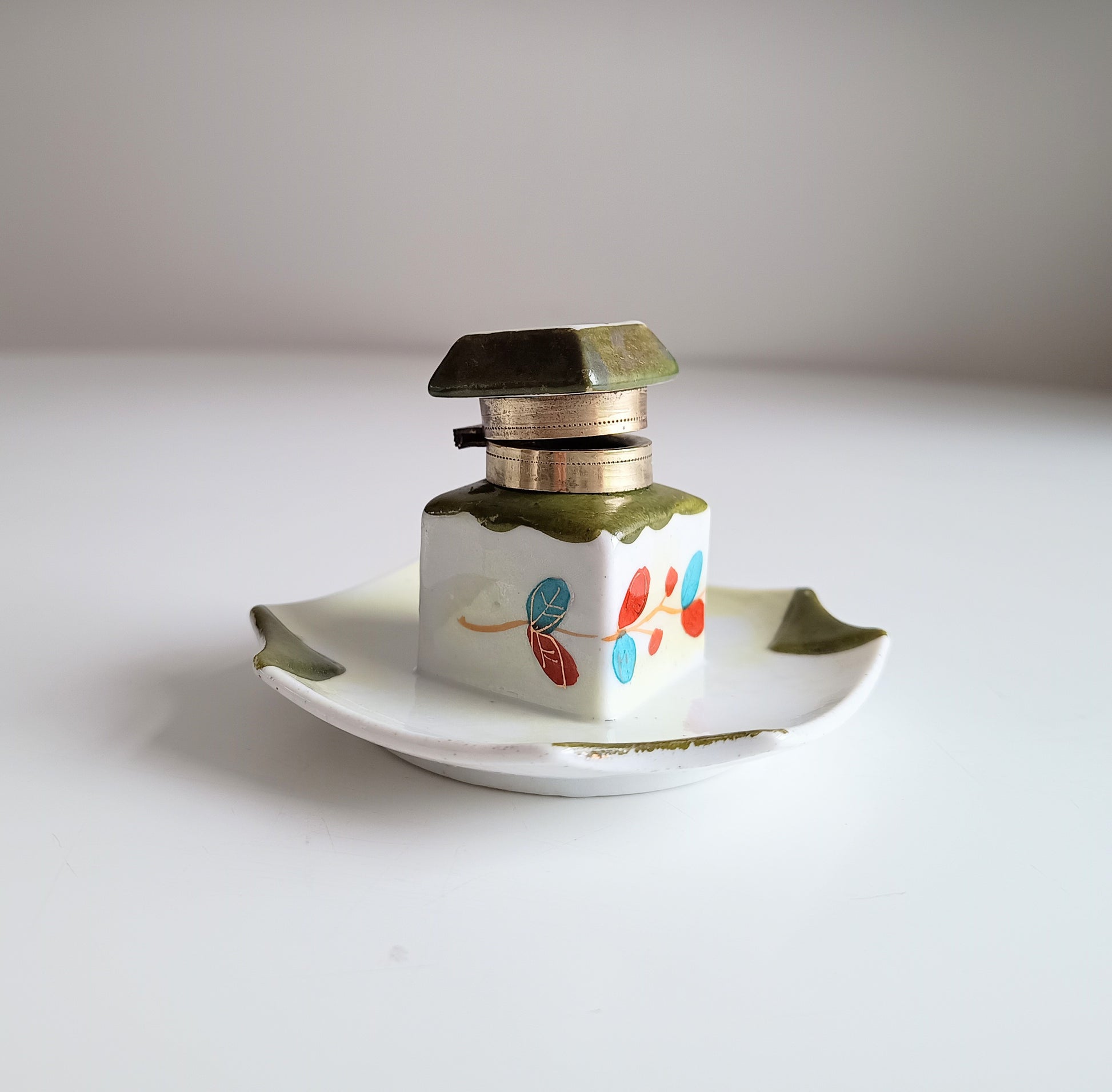 Small Antique Ceramic Edwardian Inkwell - Integrated Base, Hand Enamelled Decor
