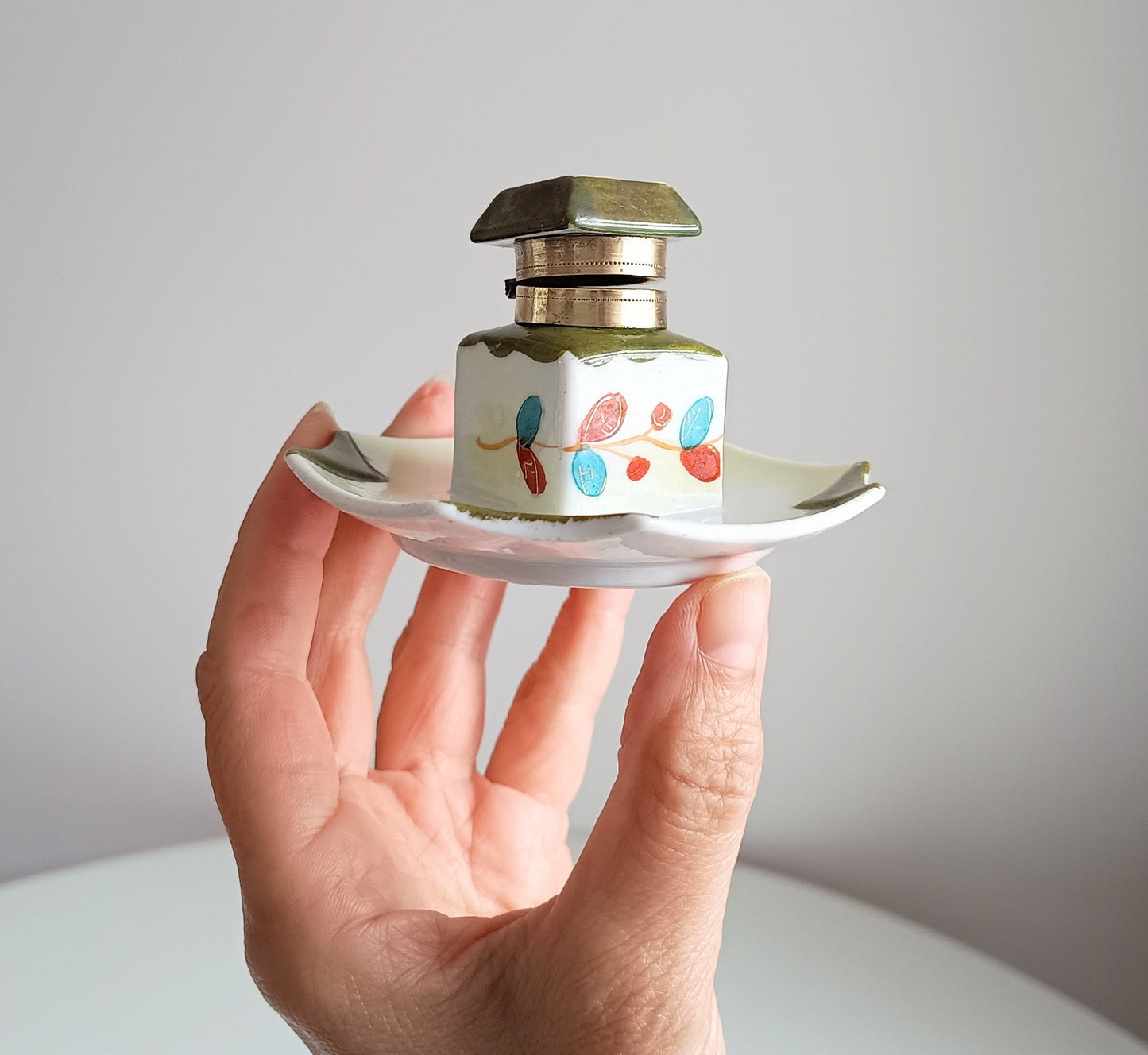 Small Antique Ceramic Edwardian Inkwell - Integrated Base, Hand Enamelled Decor