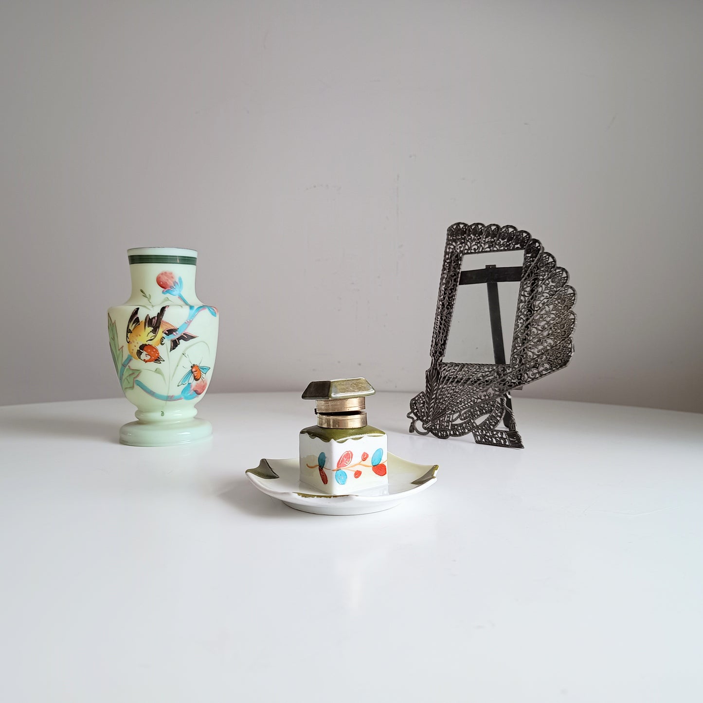 Small Antique Ceramic Edwardian Inkwell - Integrated Base, Hand Enamelled Decor