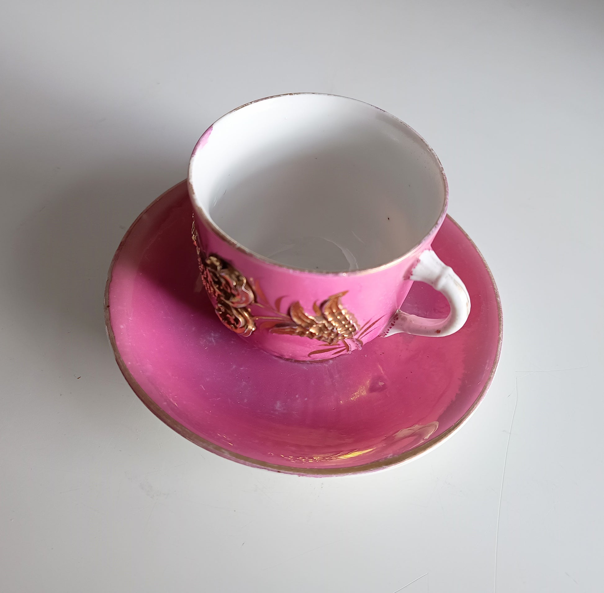 Antique Pink Lustre Tea Cup and Saucer Duo, Raised Gilt Floral Decor