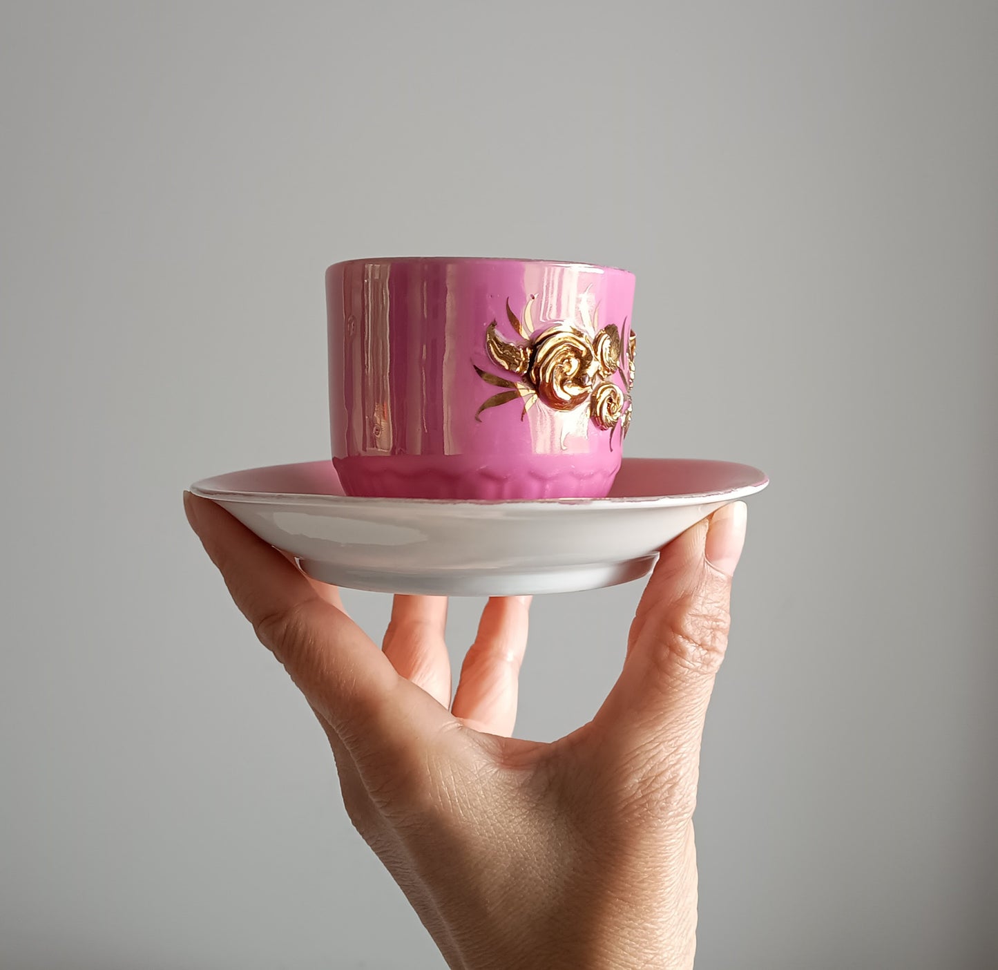 Antique Pink Lustre Tea Cup and Saucer Duo, Raised Gilt Floral Decor