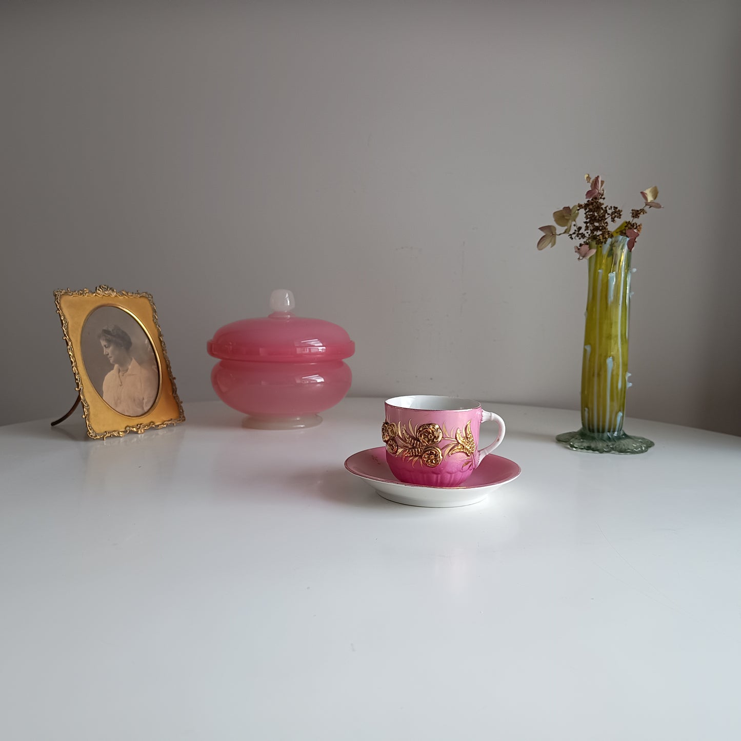 Antique Pink Lustre Tea Cup and Saucer Duo, Raised Gilt Floral Decor