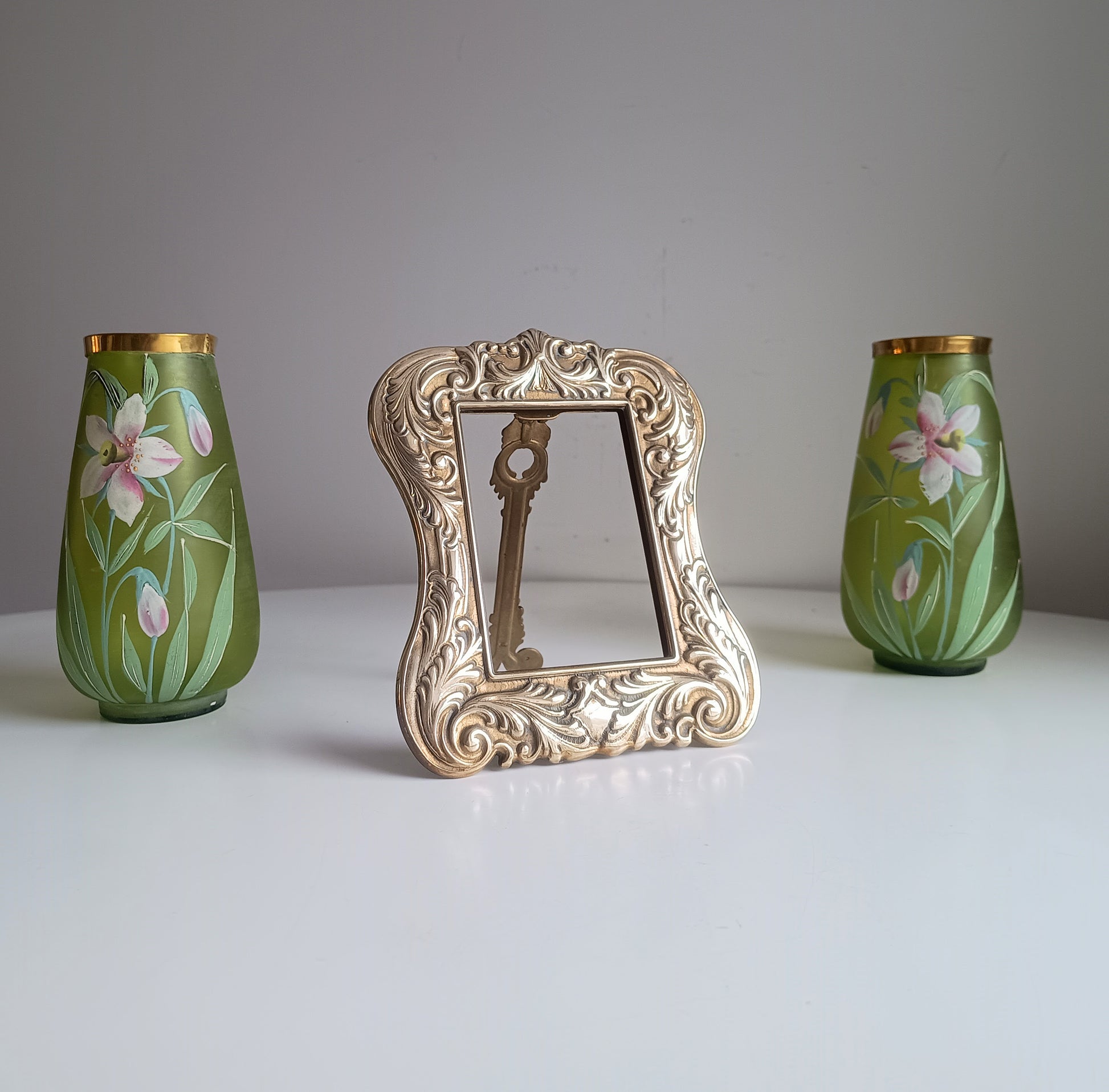 Vintage Solid Brass Art Nouveau Desktop Frame Antique Easel Photo Frame with pair of enamelled Green Bohemia vases