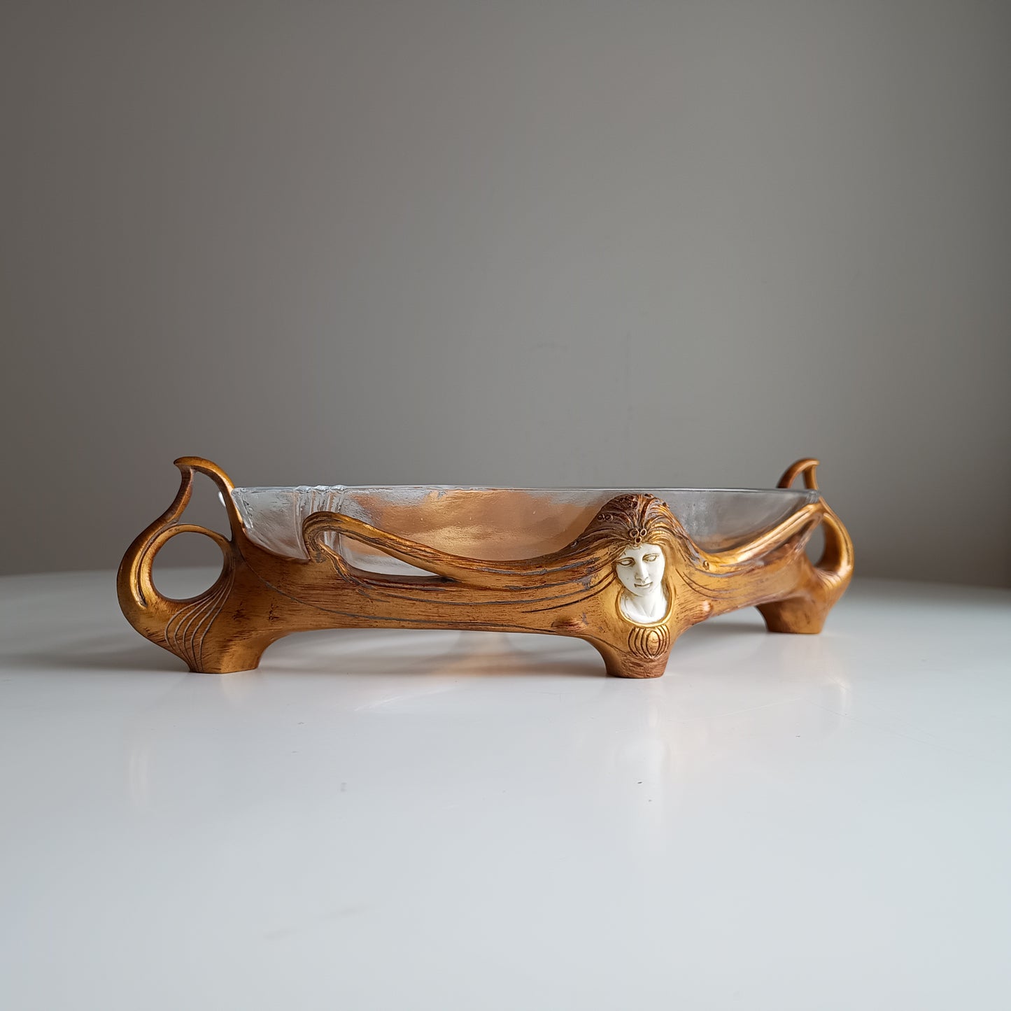 Art Nouveau Jugendstil Revival: Gilt Resin Base & Molded Glass Large Centrepiece Bowl in the style of Orivit and WMF