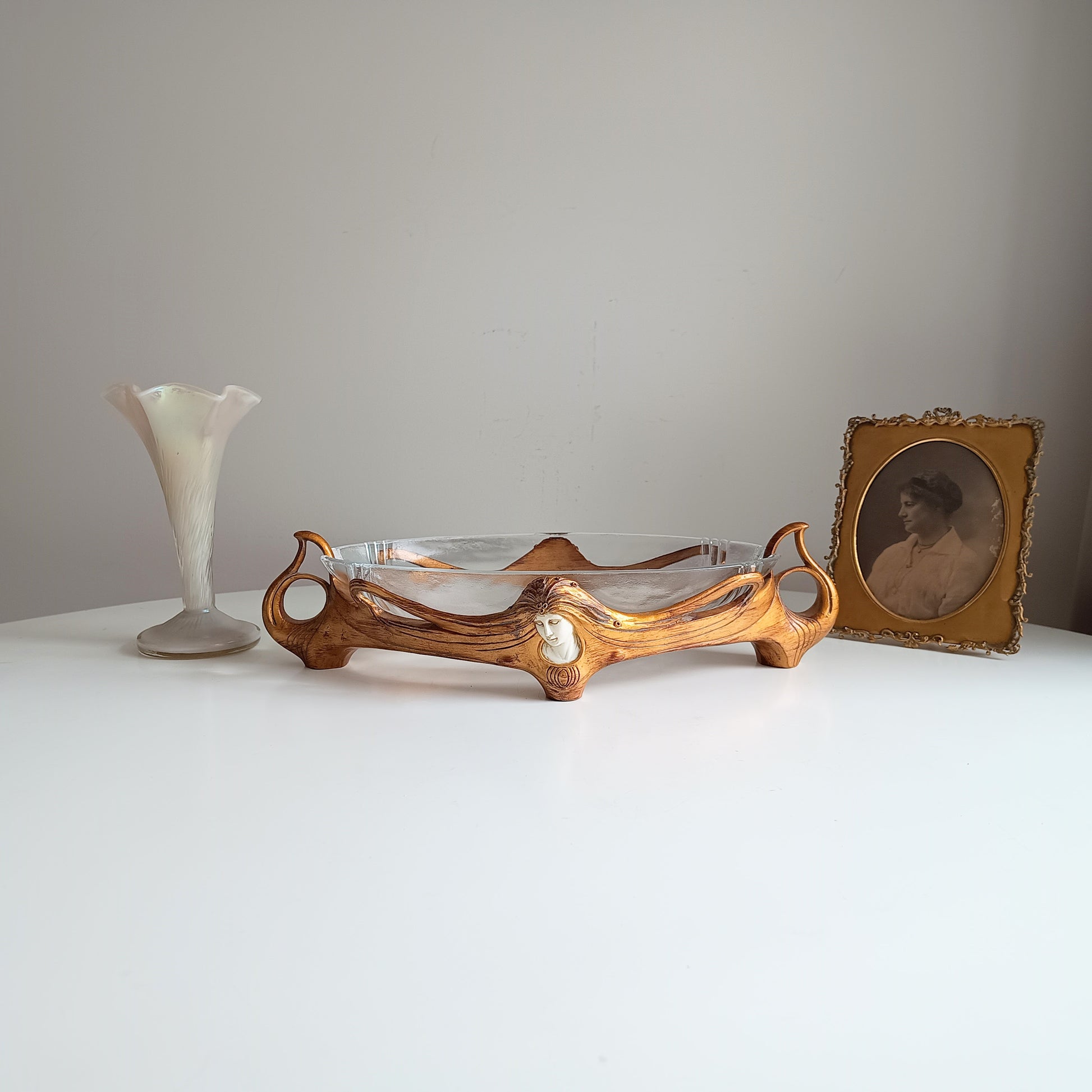 Art Nouveau Jugendstil Revival: Gilt Resin Base & Molded Glass Large Centrepiece Bowl in the style of Orivit and WMF