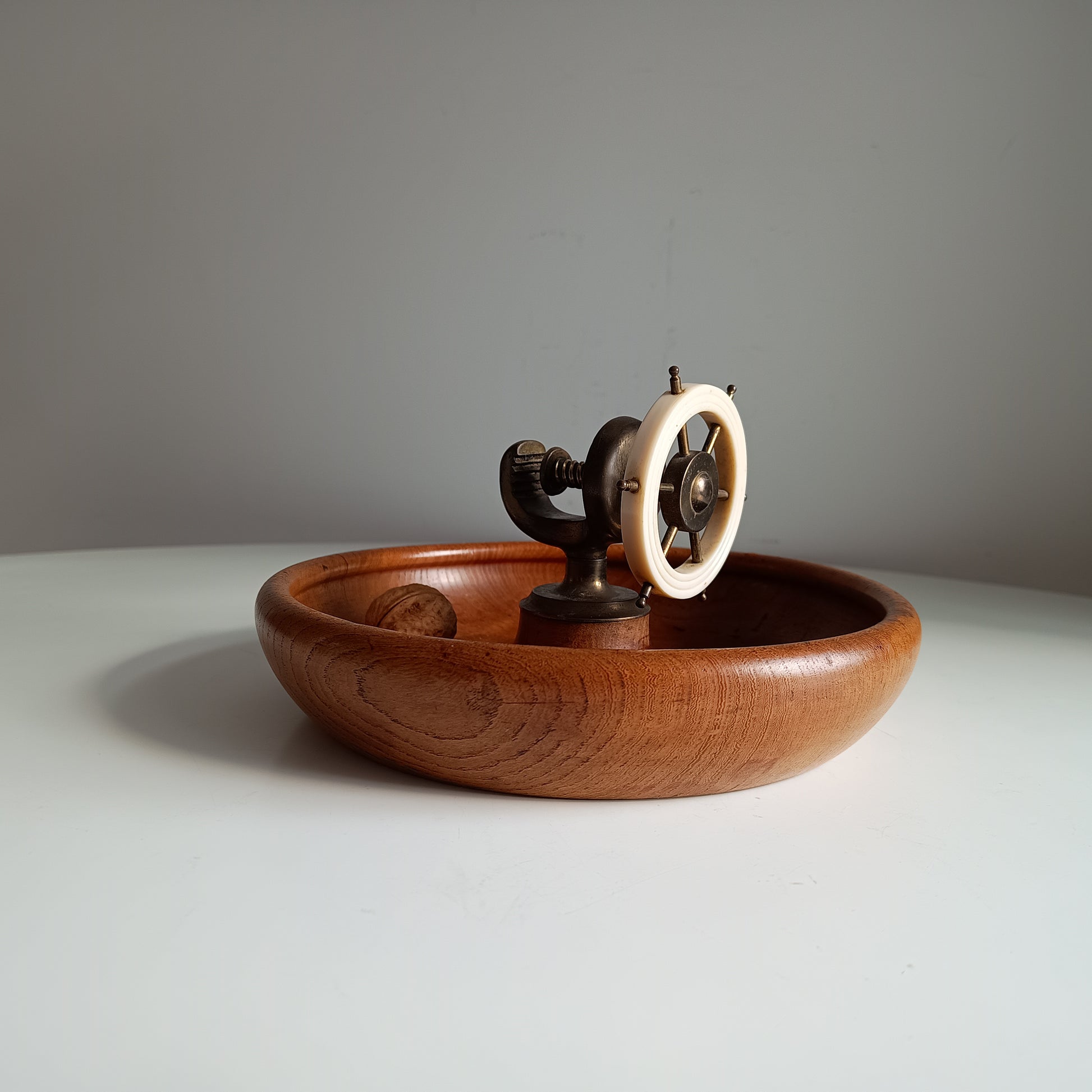 Novelty Nautical Vintage English Signed Ships Wheel Nut Cracker with Wood Turned Bowl, circa 1930s