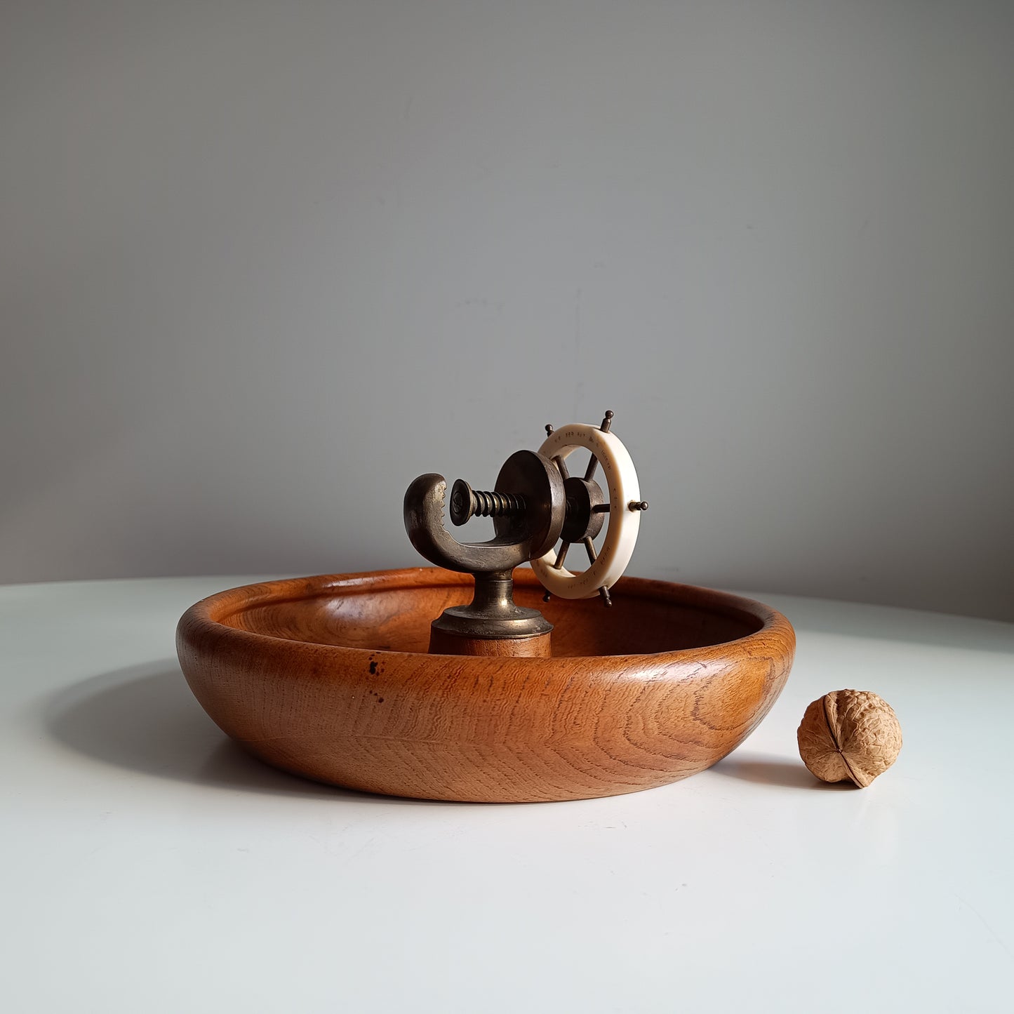 Novelty Nautical Vintage English Signed Ships Wheel Nut Cracker with Wood Turned Bowl, circa 1930s