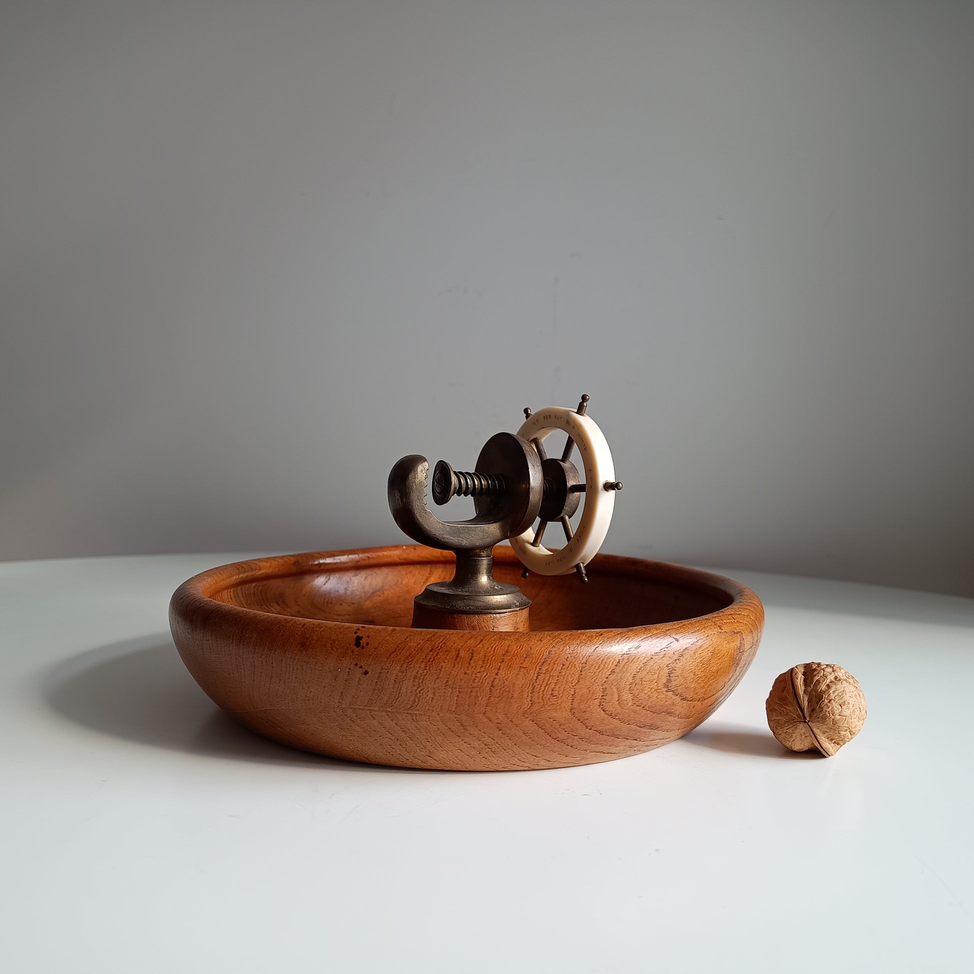 Novelty Nautical Vintage English Signed Ships Wheel Nut Cracker with Wood Turned Bowl, circa 1930s