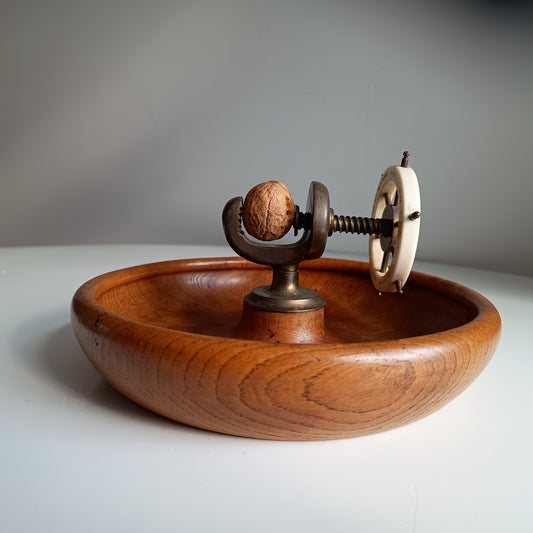 Novelty Nautical Vintage English Signed Ships Wheel Nut Cracker with Wood Turned Bowl, circa 1930s