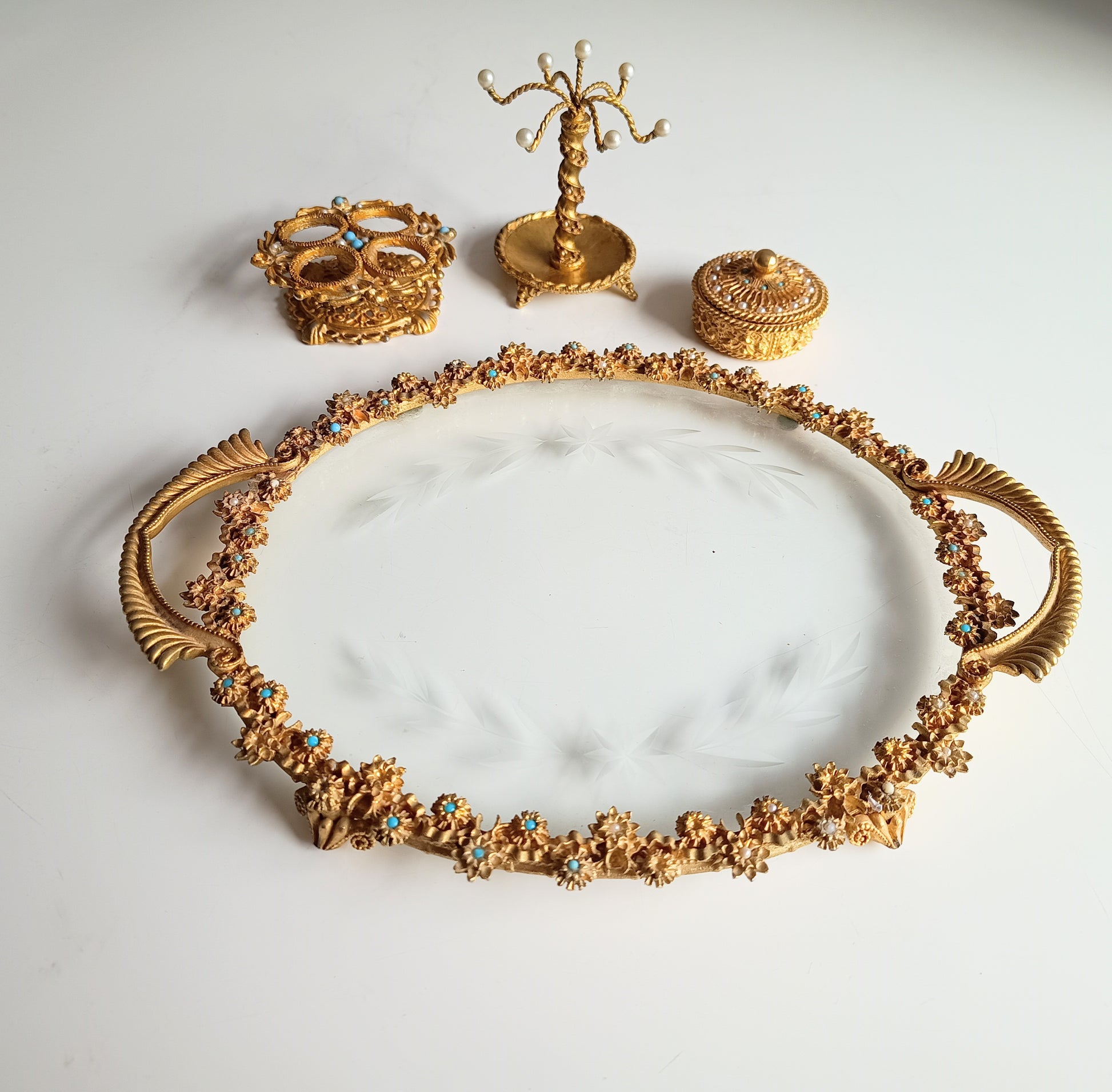 Vintage English Mirella Vanity Set: Hollywood Regency Tray, Box, Lipstick Holder