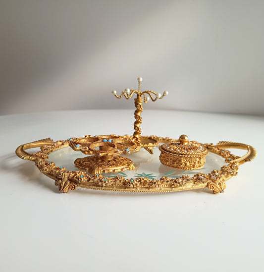 Vintage English Mirella Vanity Set: Hollywood Regency Tray, Box, Lipstick Holder