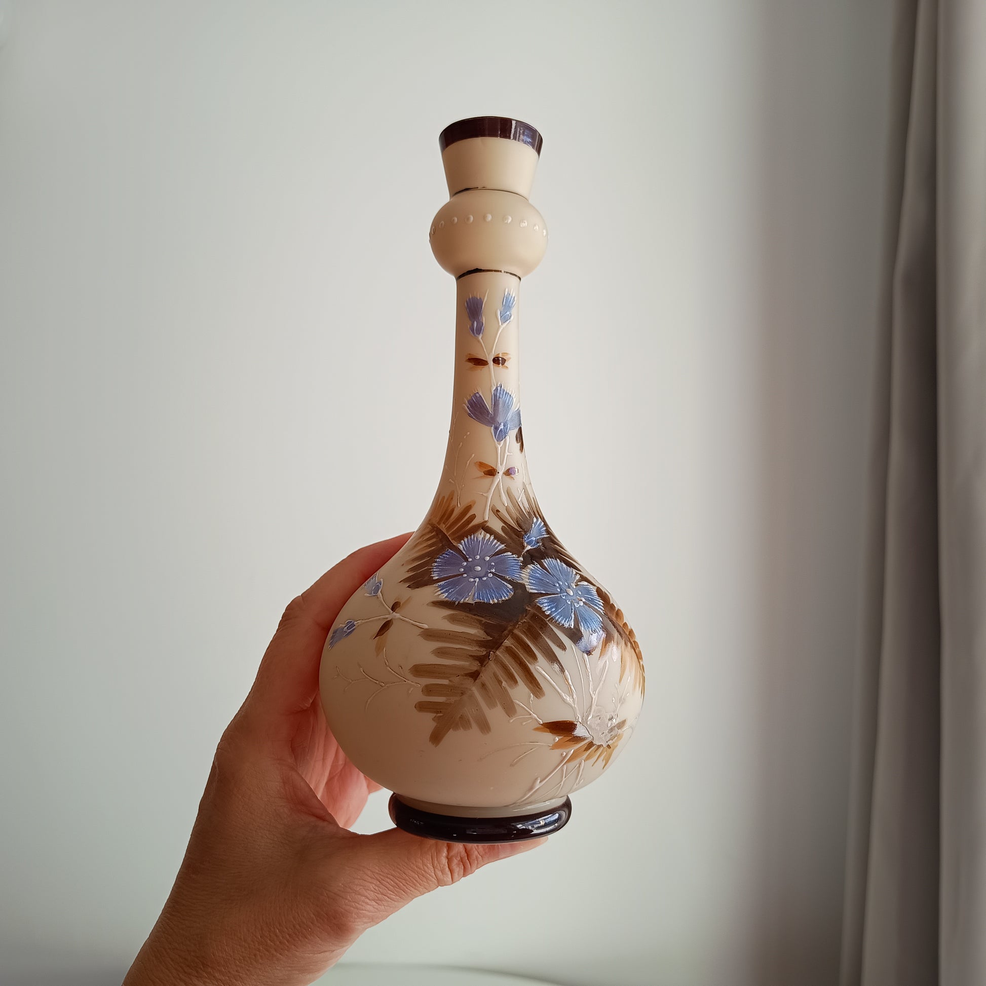 Art Nouveau Enamelled Satin Glass Vase: Cornflowers Decor, Bohemia c1890s